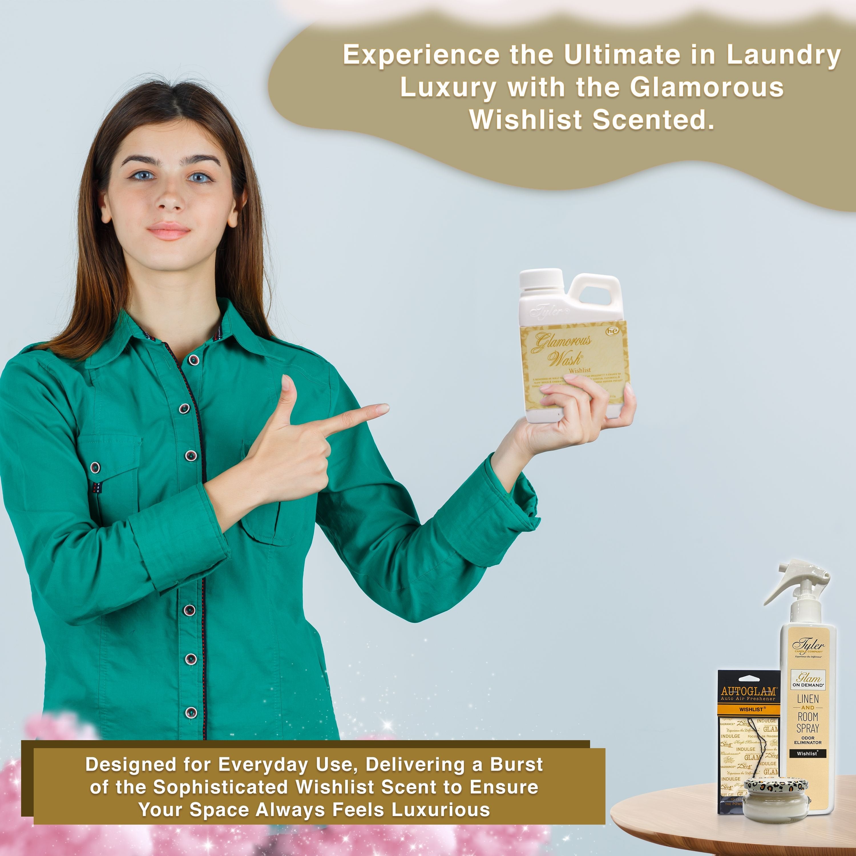 Tyler Candle Comapany Glamorous Gift Suite VI - Glam On Demand Linen and Room Spray Bottle, Prestige Candle, Glamorous Wash Laundry Detergent, Autoglam Auto Air Freshener & Keychain