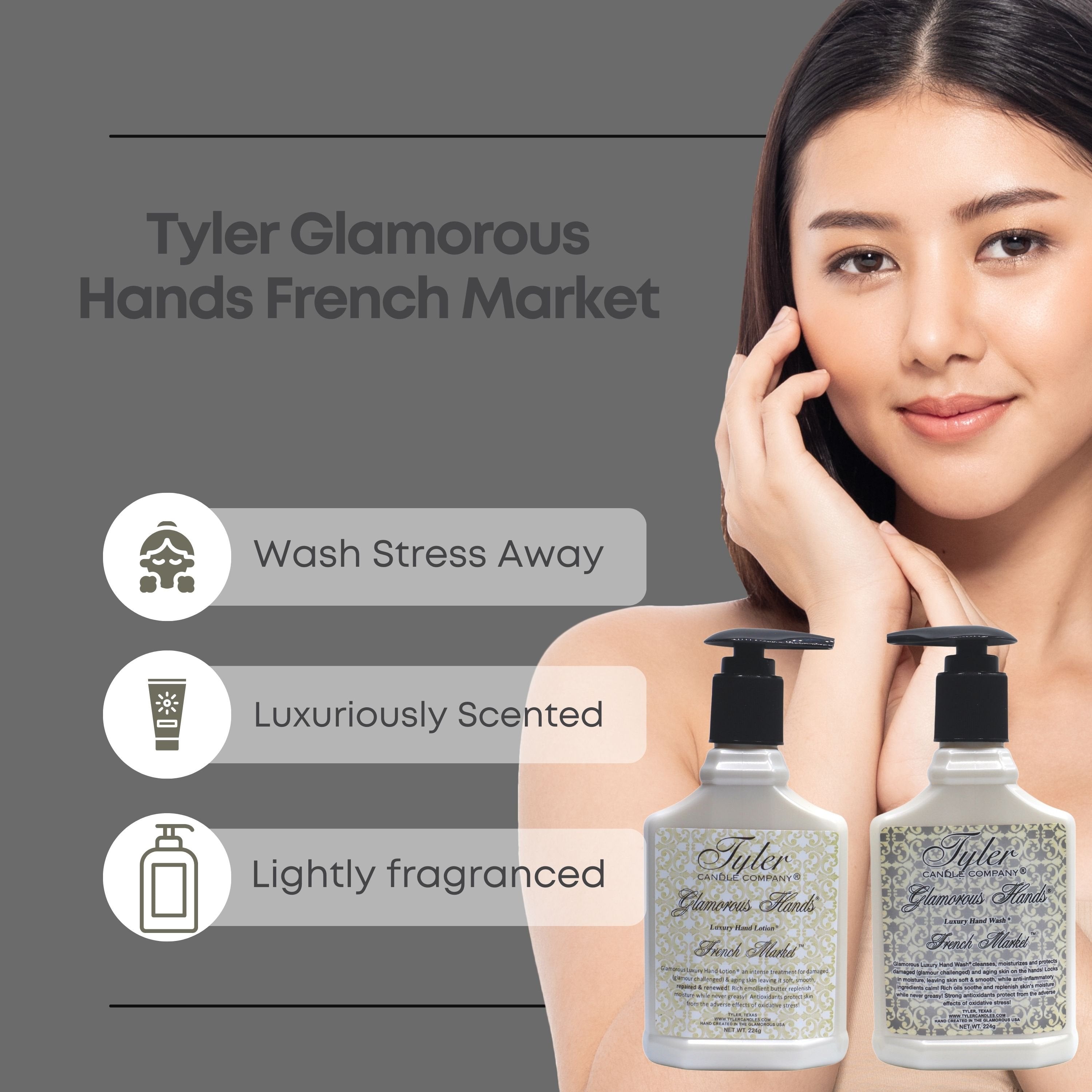 Tyler Candle Company French Market Glamorous Scented Hand Wash and Hand Lotion Gift Set in Pump Bottles - Pack of 1, 8 oz - with Multi-Purpose Keychain