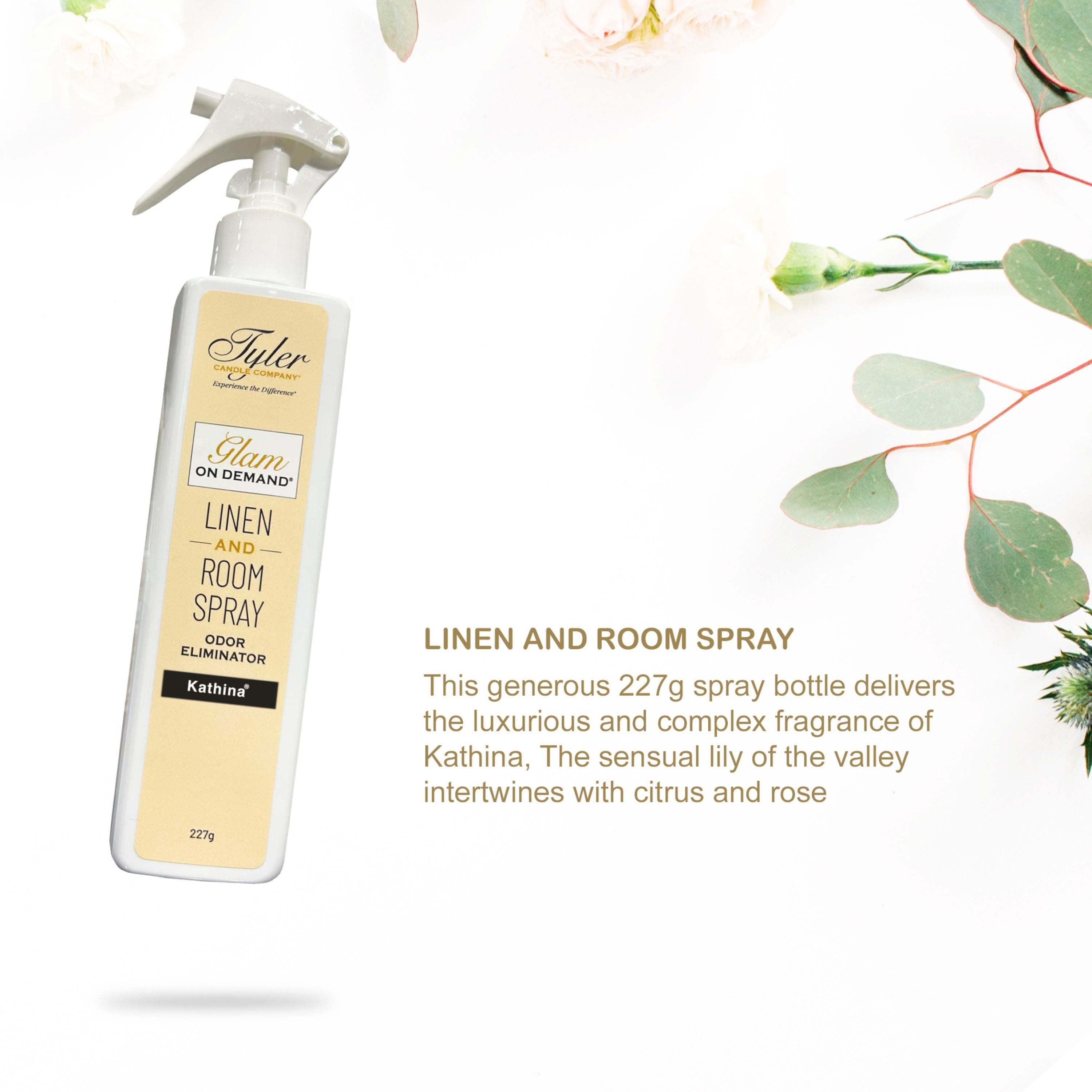 Tyler Candle Company Glamorous Gift Suite VI Kathina - Glam On Demand Linen and Room Spray Bottle, Prestige Candle, Glamorous Wash Laundry Detergent, Autoglam Air Freshener & Keychain