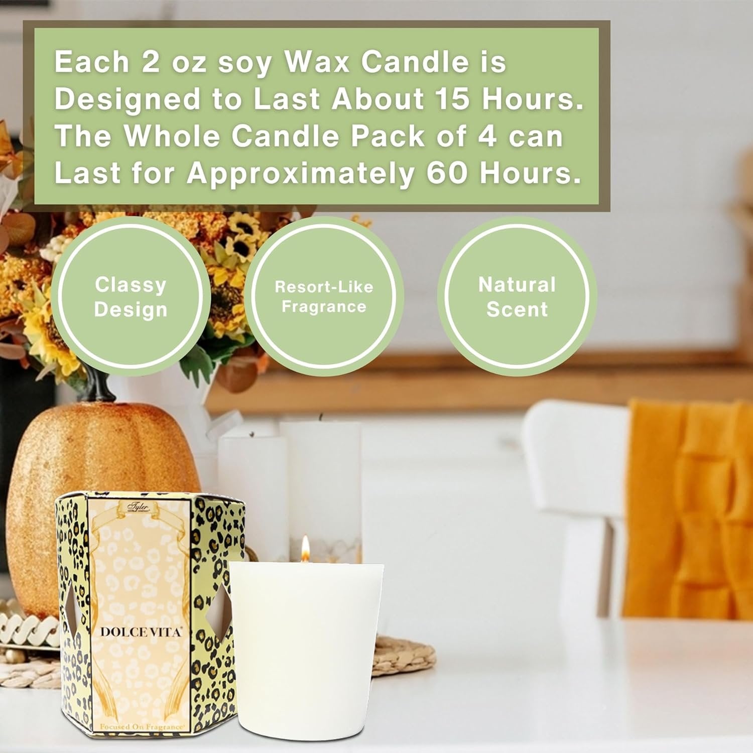 Tyler Candle Company Dolce Vita Votive Wax Scented Candles - 4 Pack of 2oz - Burn Time up to 15hrs - with Multi-Purpose Key Chain
