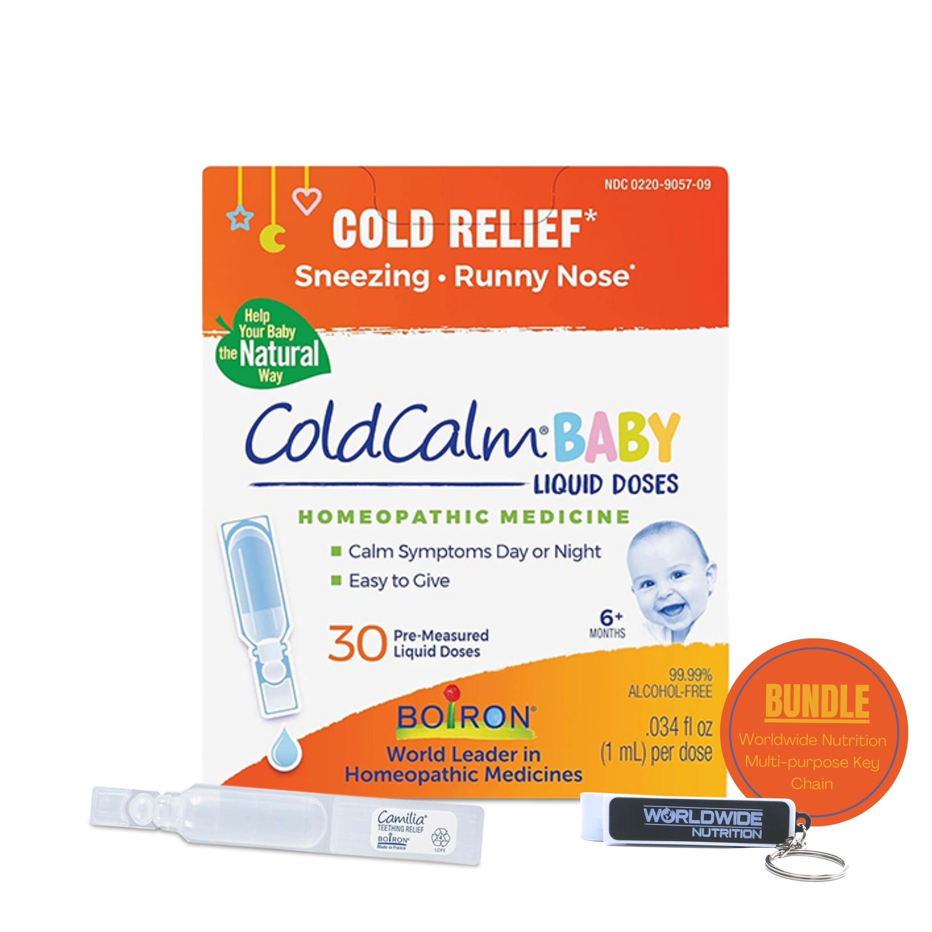 Boiron ColdCalm Baby Single-Use Liquid Doses, 1ml - Sneezing - Runny Nose - Nasal Congestion - 30ct with Multi-Purpose Keychain