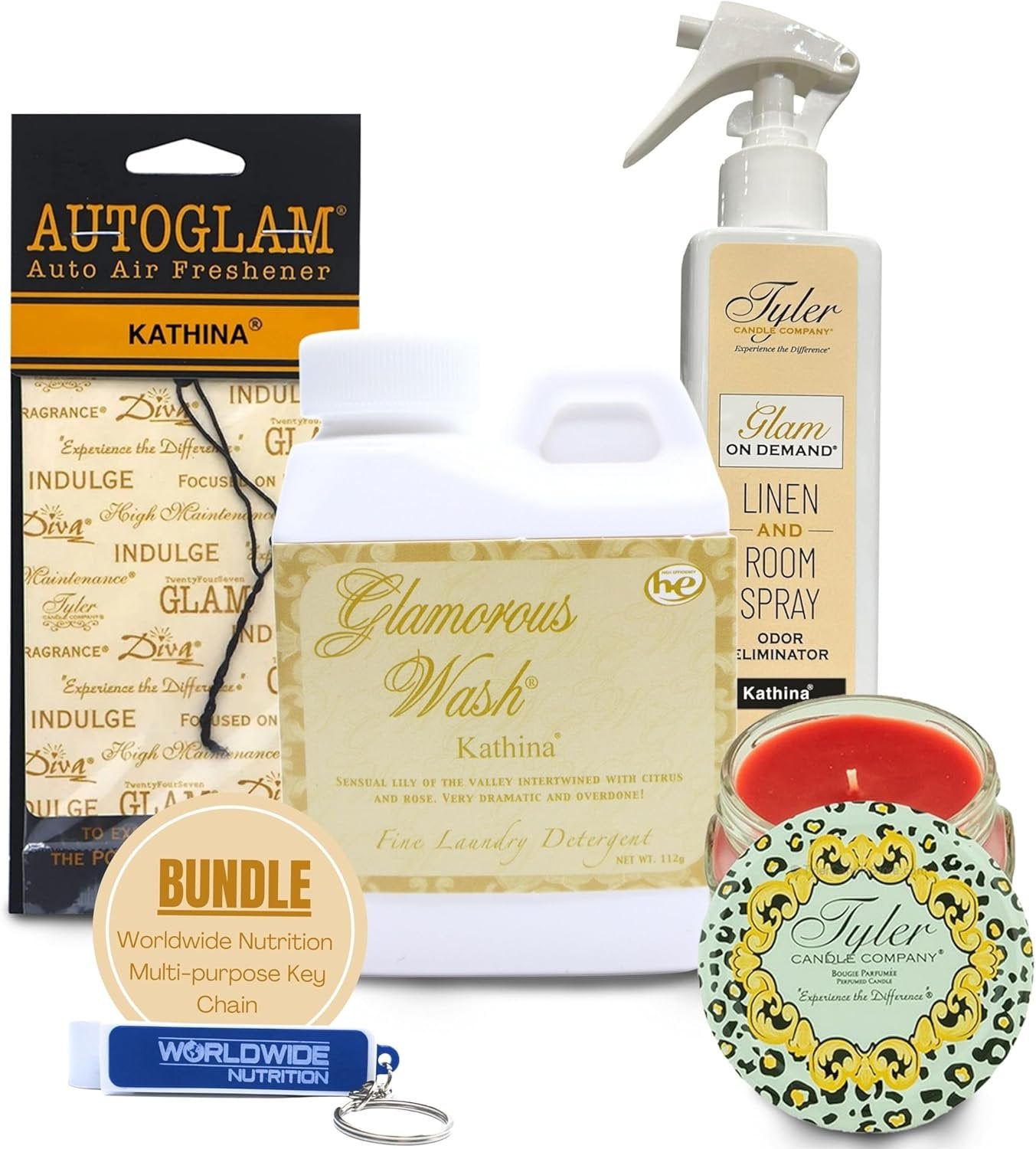 Tyler Candle Company Glamorous Gift Suite VI Kathina - Glam On Demand Linen and Room Spray Bottle, Prestige Candle, Glamorous Wash Laundry Detergent, Autoglam Air Freshener & Keychain