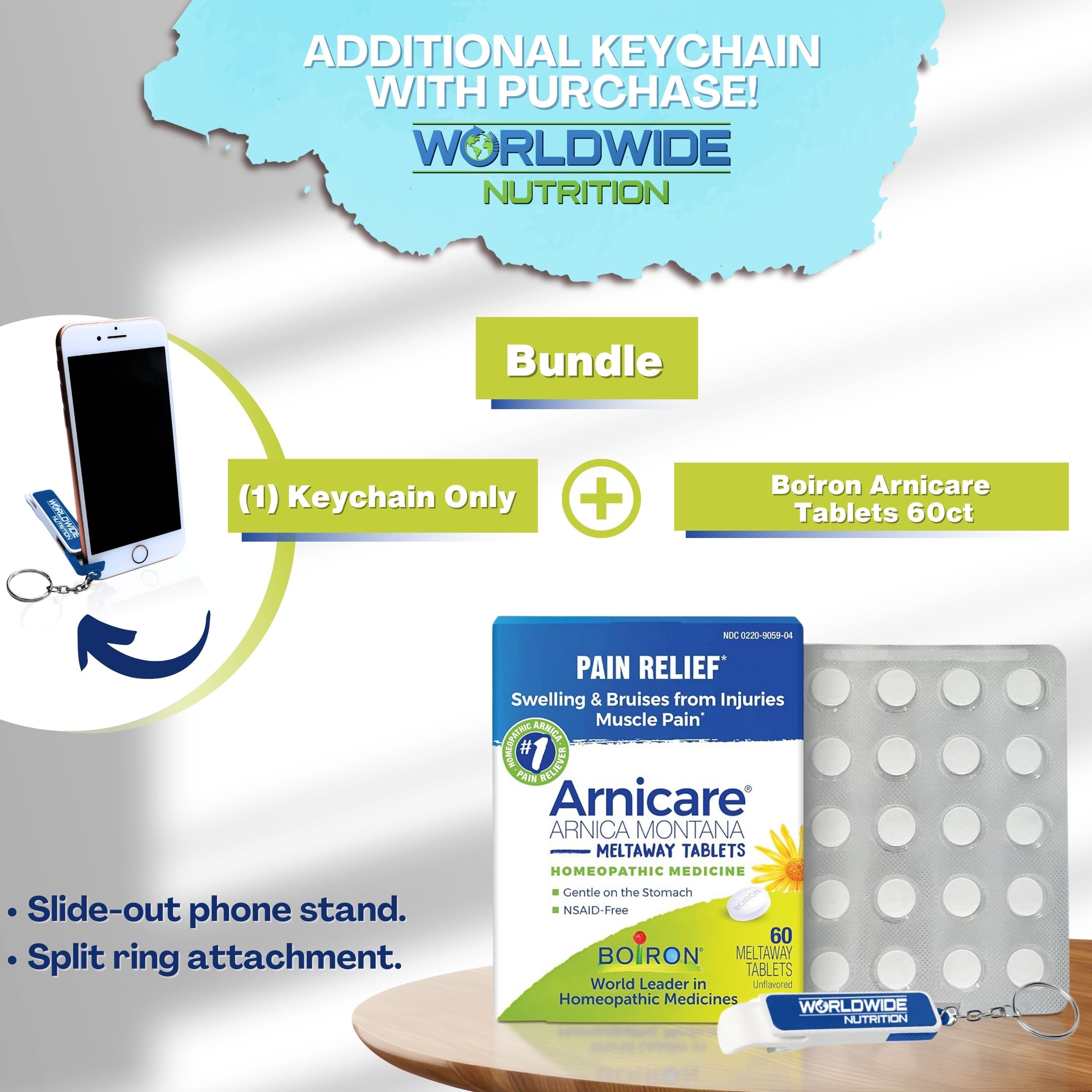 Boiron Arnicare Arnica Montana Meltaway Tablets - Swelling Reducer - Bruise Remedy - Muscle Pain Reliever - 60 Unflavored Tablets with Multi-Purpose Keychain