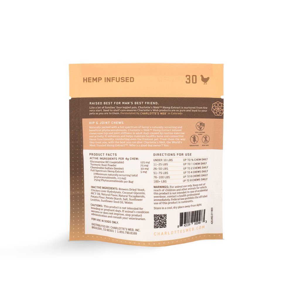 Charlotte's Web Premium CBD Hemp Extract-Infused Pet Chews - Hip & Joint - Chicken Flavor - 30 Chews - Pack of 1