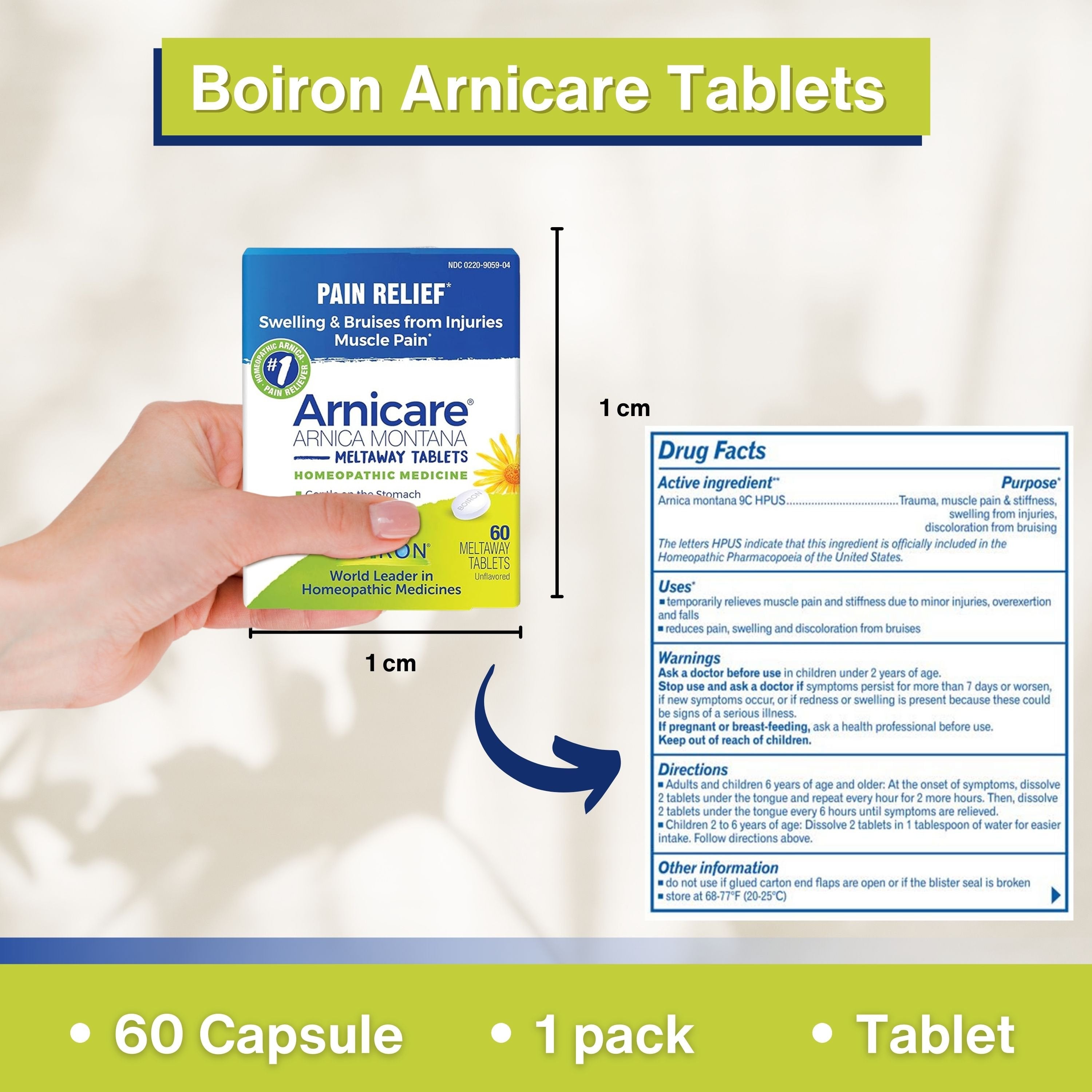 Boiron Arnicare Arnica Montana Meltaway Tablets - Swelling Reducer - Bruise Remedy - Muscle Pain Reliever - 60 Unflavored Tablets with Multi-Purpose Keychain
