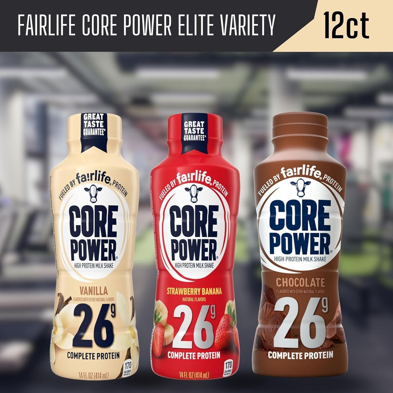 Fairlife Core Power 26g High Protein Milkshake in 3 Flavors (Strawberry Banana /Vanilla / Chocolate) - 12 Pack of 14oz - with Multi-Purpose Key Chain