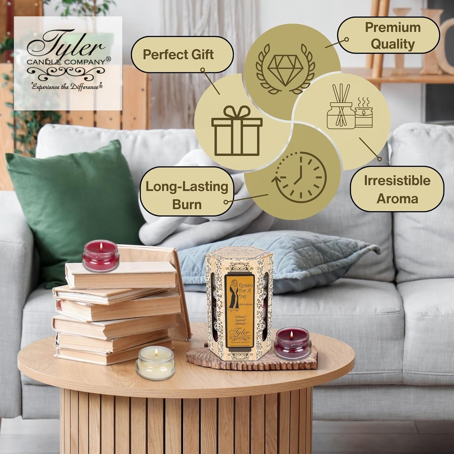 Tyler Candle Company Queen for a Day Scented Candles - Gift Collection - 3 Relaxing Soy Wax Candle Jar 3.4 oz Each and Multi-Purpose Key Chain