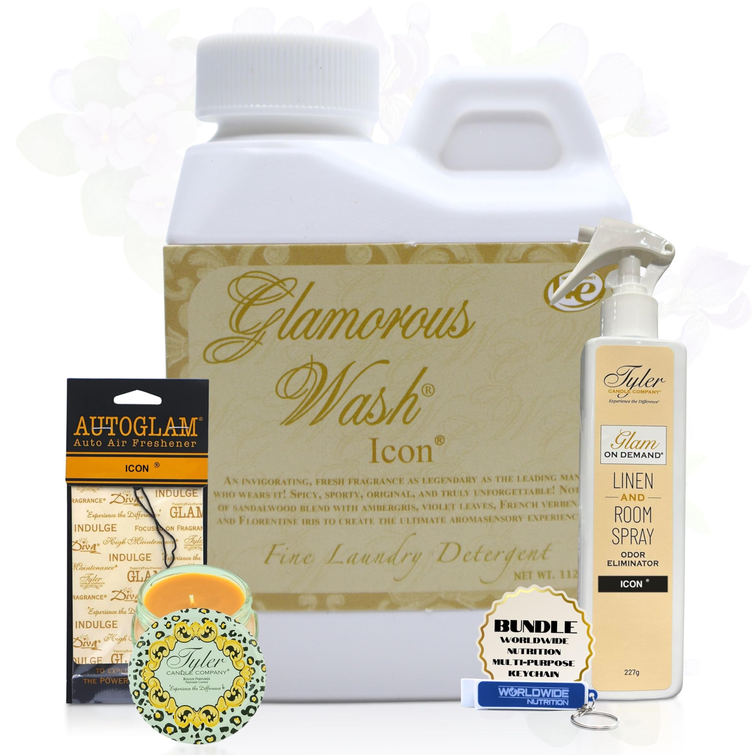 Tyler Candle Company Glamorous Gift Suite VI Icon - Glam On Demand Linen and Room Spray Bottle, Prestige Candle, Glamorous Wash Laundry Detergent, Autoglam Air Freshener & Keychain