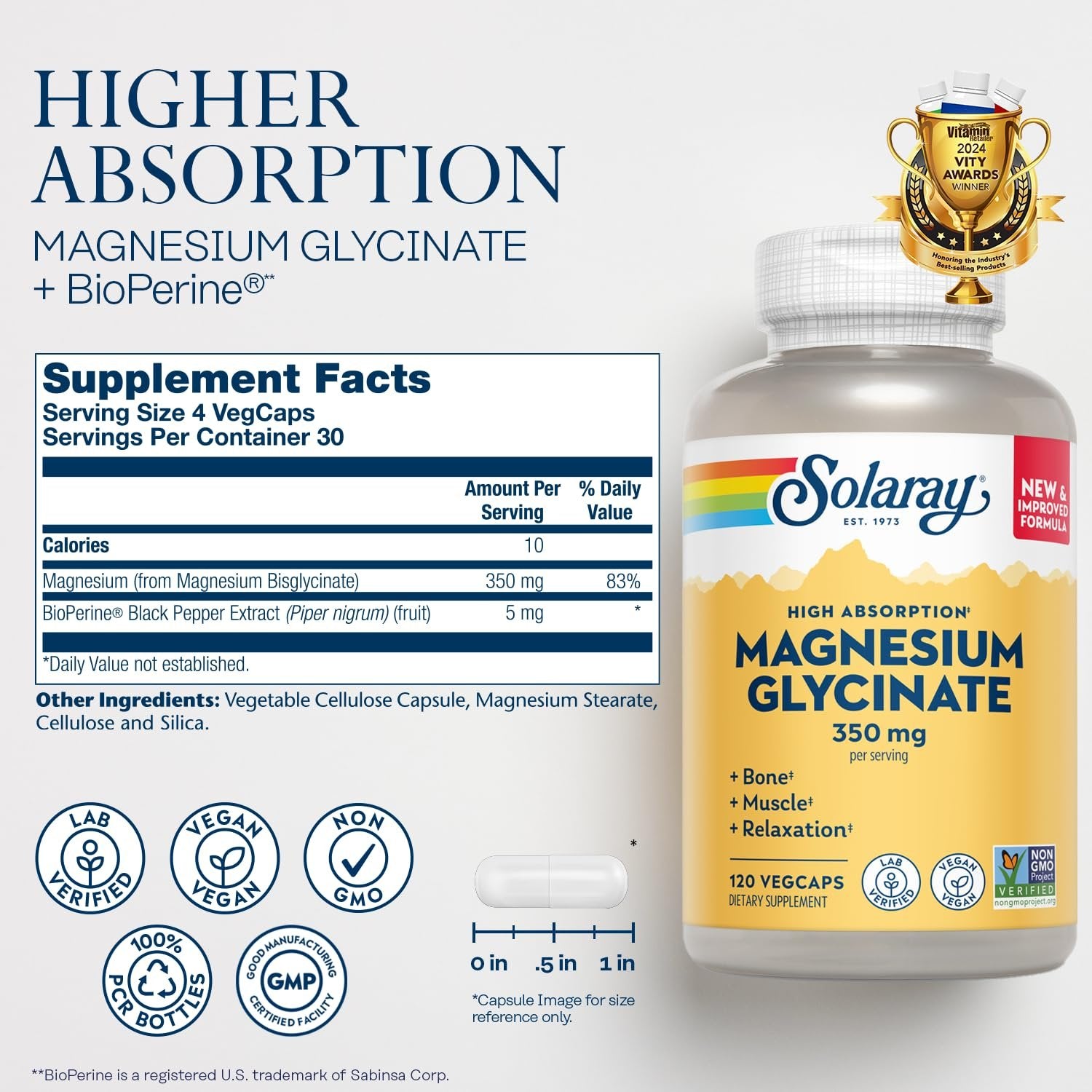 Solaray Magnesium Glycinate, New & Improved Fully Chelated Bisglycinate with BioPerine, High Absorption Formula, Stress, Bones, Muscle & Relaxation Support, 60 Day Guarantee (30 Servings, 120 VegCaps)