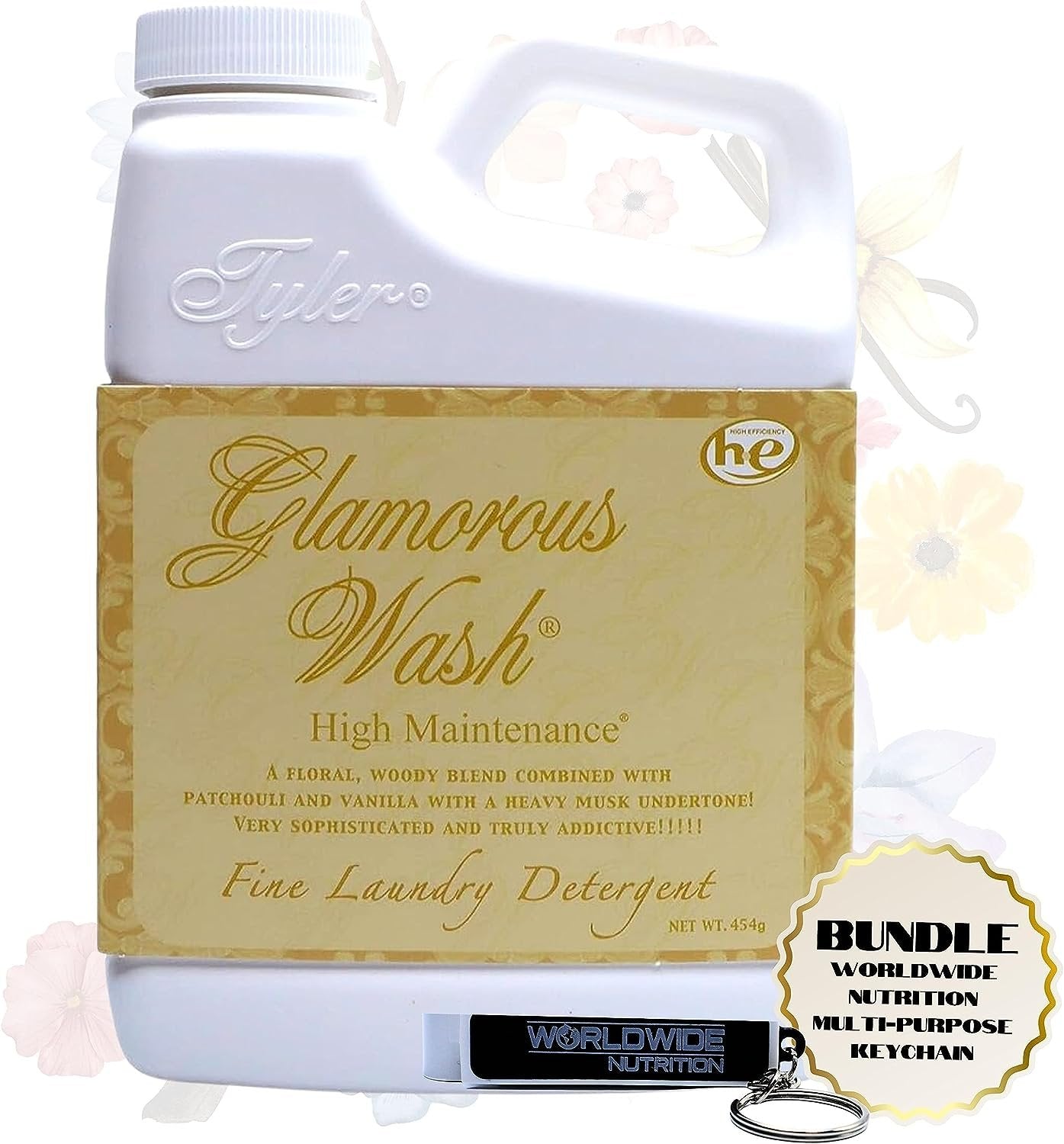 Tyler Candle Company Glamorous Wash High Maintenance Scent Fine Laundry Liquid Detergent - Phosphate-Free - Hand and Machine Washable - 1 Container of 16oz (454g) with Multi-Purpose Keychain