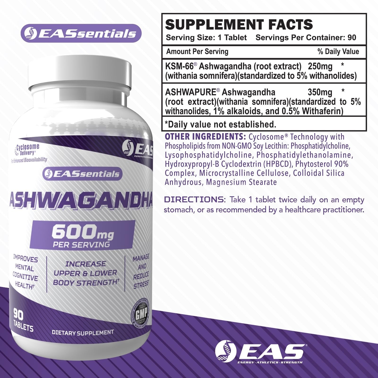 EAS Ashwagandha 600mg | Supports Improved Relaxation & Mental Clarity | Strength & Muscle Recovery | Better Absorption with Cyclosome Delivery | 90 Tablets