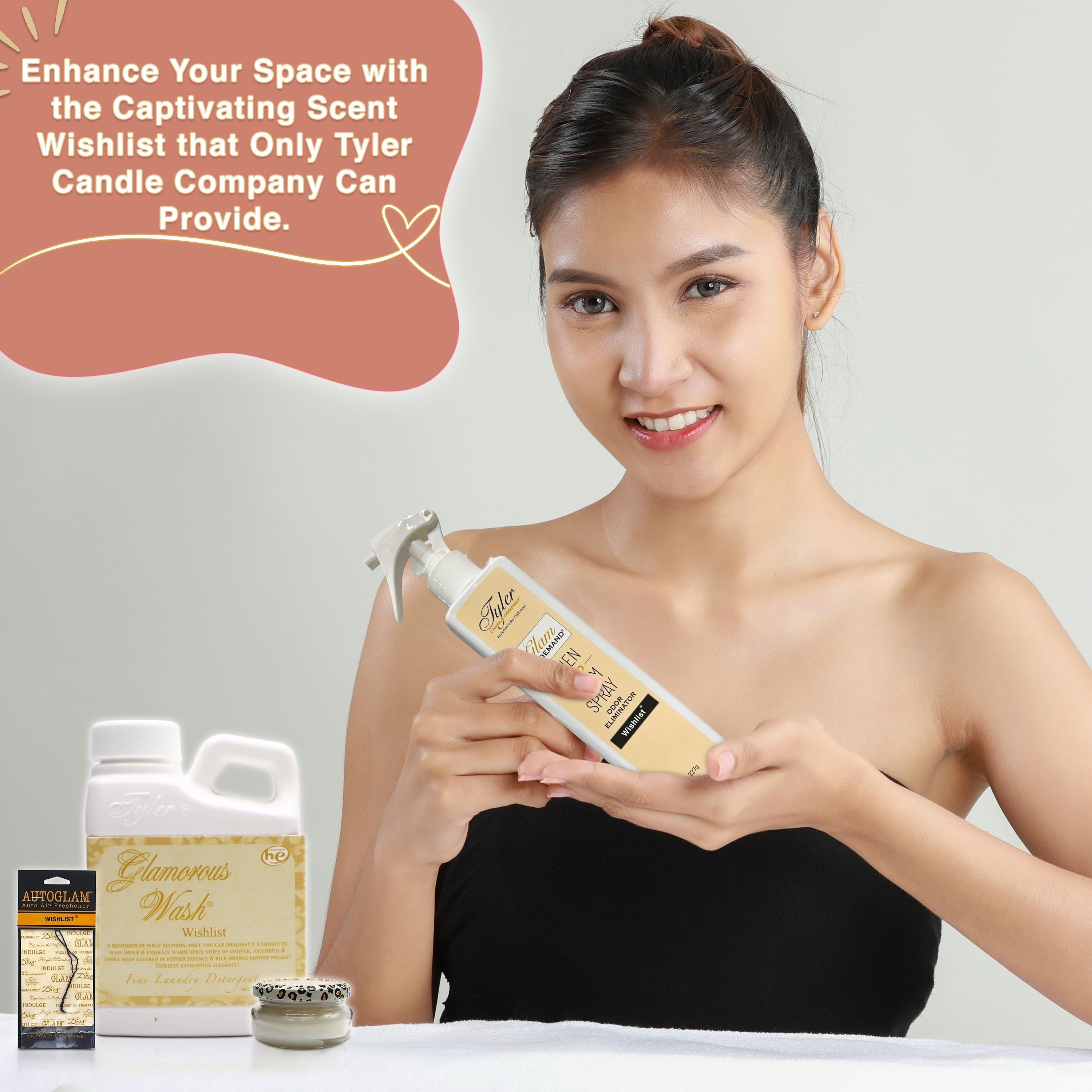 Tyler Candle Comapany Glamorous Gift Suite VI - Glam On Demand Linen and Room Spray Bottle, Prestige Candle, Glamorous Wash Laundry Detergent, Autoglam Auto Air Freshener & Keychain