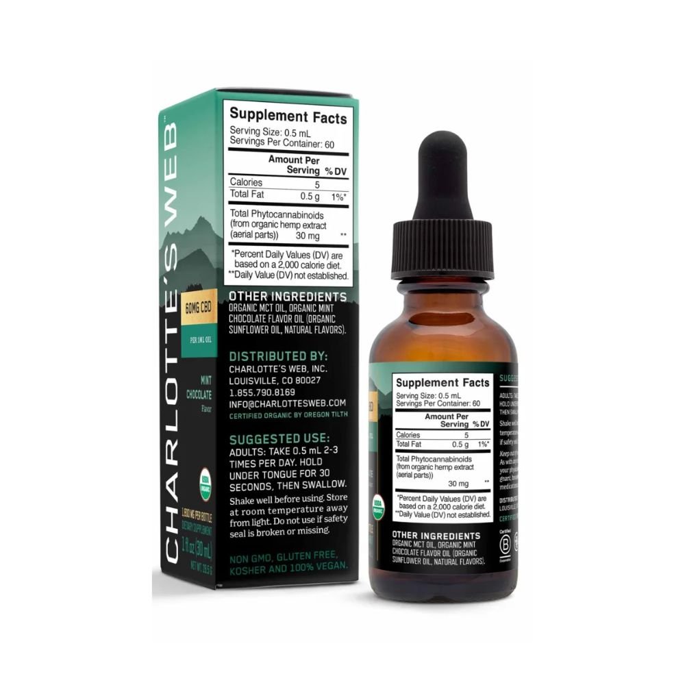 Charlotte’s Web 60 mg CBD Oil - Mint Chocolate Flavor – 1800 mg per bottle - 1 fl oz (30 ml) - Pack of 1