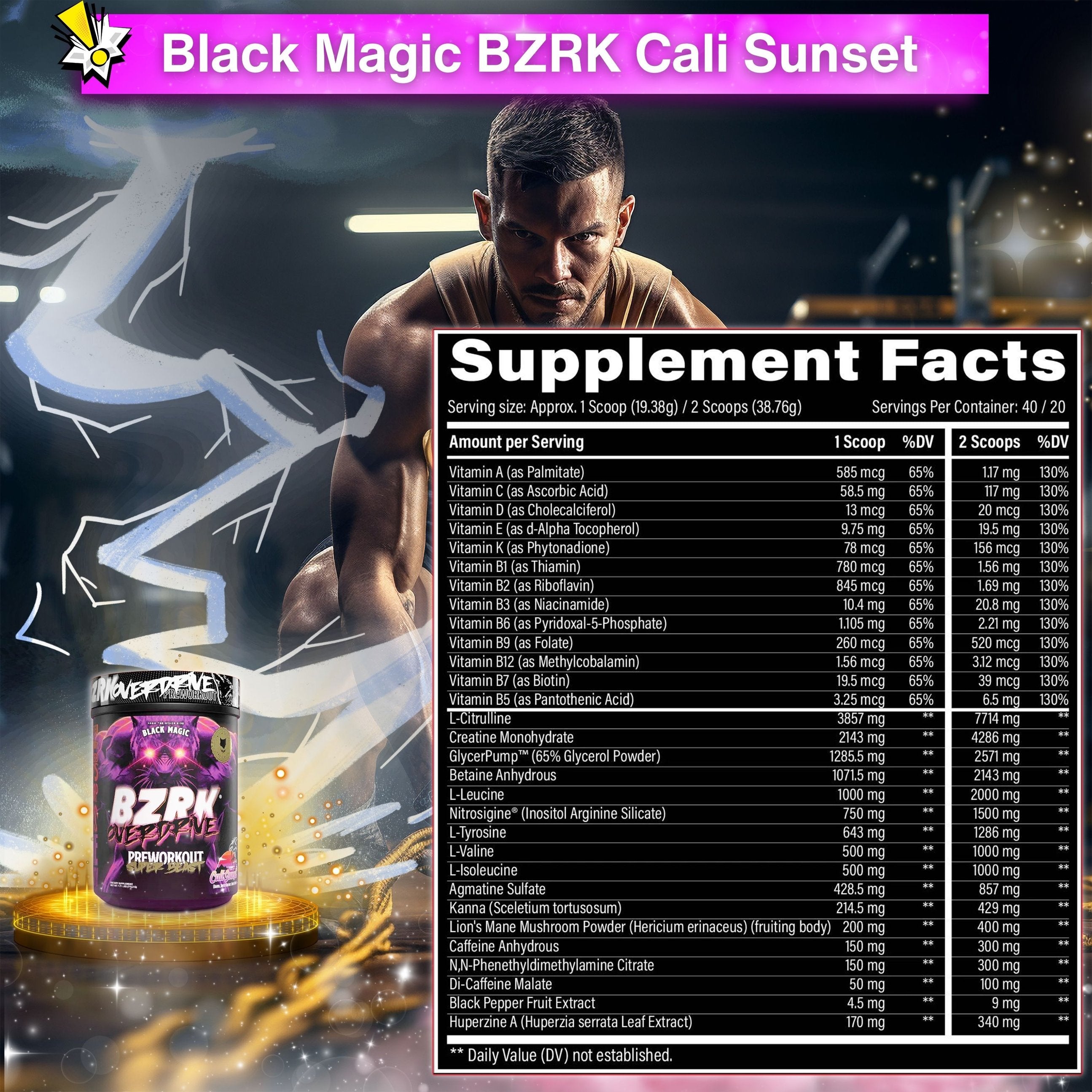 Black Magic Supply BZRK Overdrive Pre-Workout Powder, 1.7 lbs - Cali Sunset Flavor - Energy Booster - 40 Servings - Pack of 1