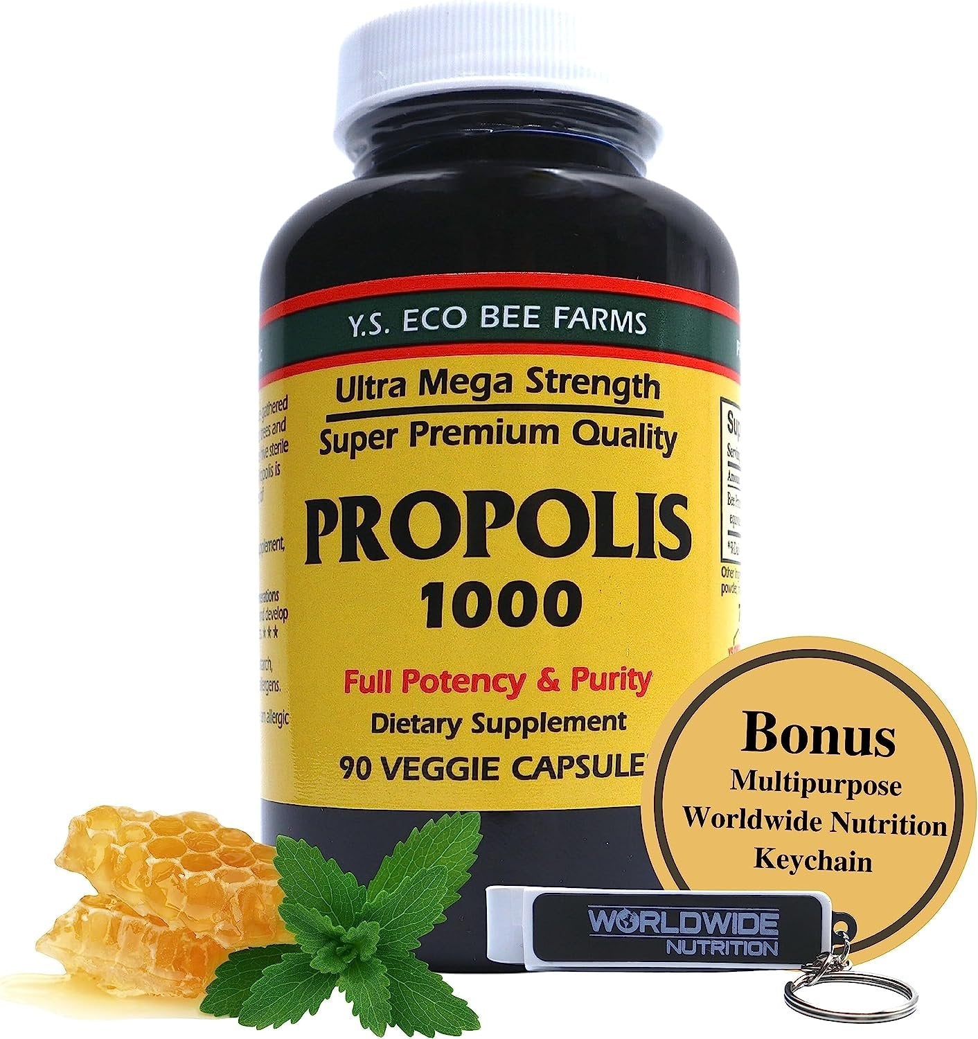 Y.S. Eco Bee Farms Propolis-Raw Unprocessed 1000mg - Your Gateway to Wellness - 90 Capsules with Bonus worldwidenutrition Multi Purpose Key Chain