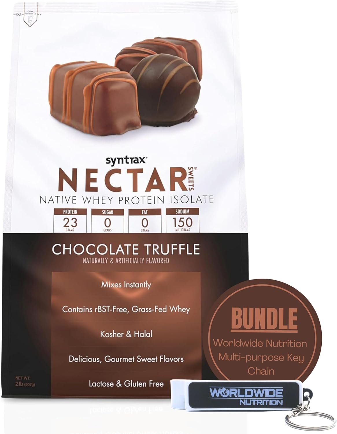 Syntrax Nectar Sweets - Native Whey Protein Isolate - Kosher & Halal, Lactose & Gluten Free - Chocolate Truffle - 2 Pounds - with Key Chain