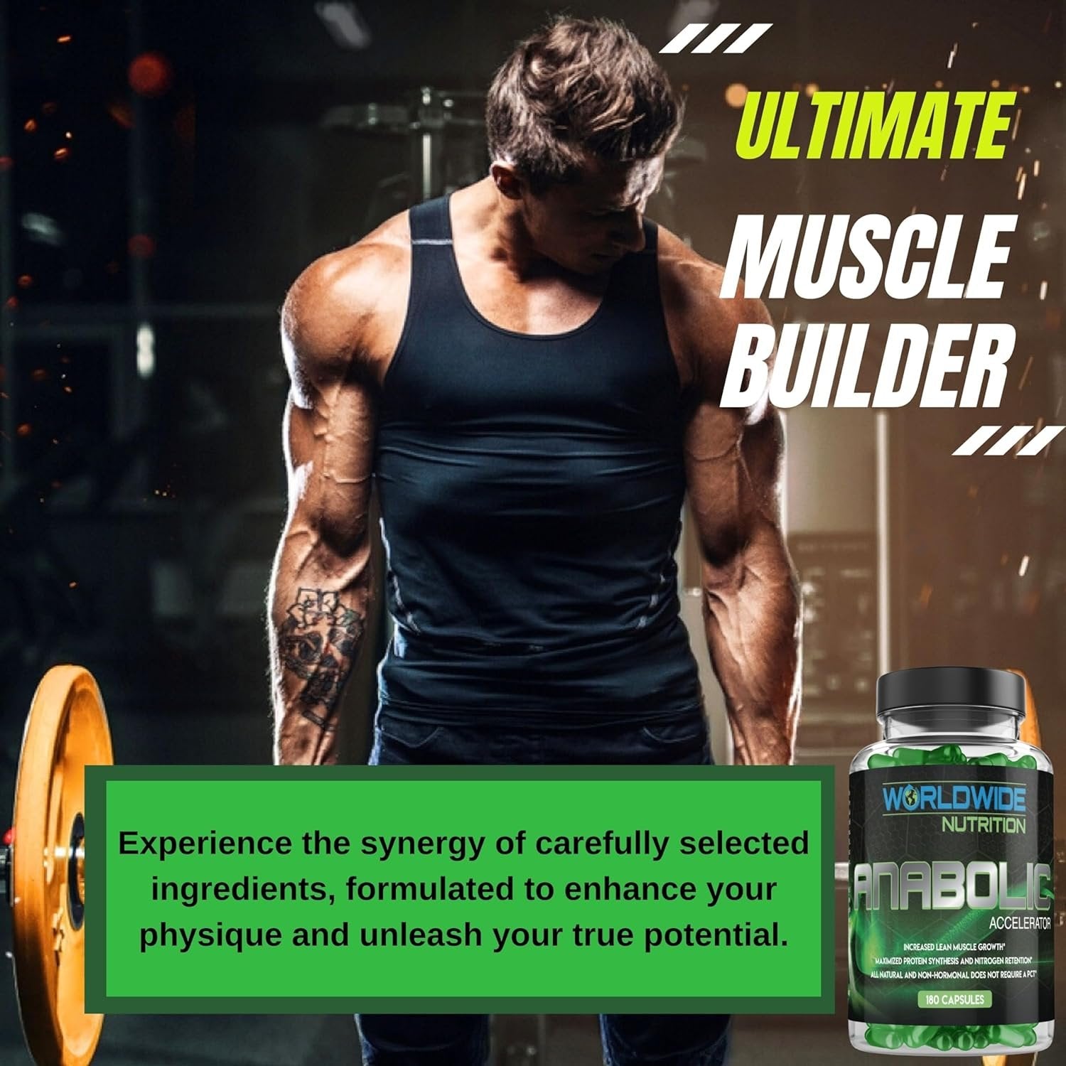 Worldwide Nutrition Anabolic Accelerator Vitamin Supplement - Ignite Your Growth, Strength & Energy Journey - Muscle Builder & Cortisol Blocker for Men - 180 Count Supplements for Men