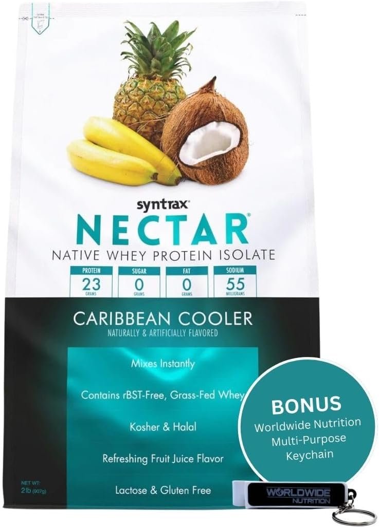 Caribbean Cooler Syntrax Nectar Native Whey Protein Isolate (2lb Bag) Natural Vanilla - Muscle Support - with Multi-Purpose Keychain
