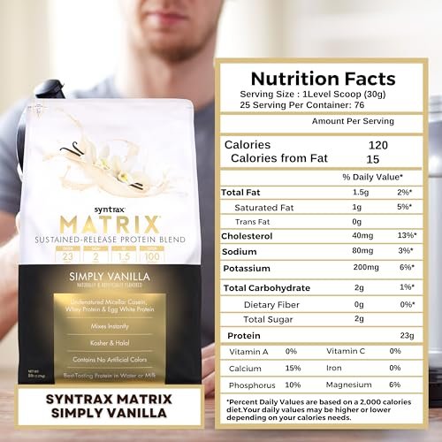 Syntrax Matrix - Sustained-Release Protein Powder Blend - Kosher & Halal - Muscle Support - Simply Vanilla - 5 lbs - with Multi-Purpose Key Chain