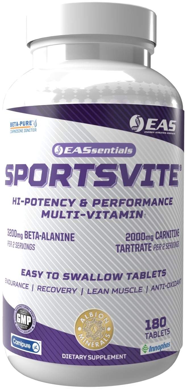 EAS SportsVite High Potency Multivitamin for Athletes | Vitamin & Mineral Nutrient Blend | 2300mg Beta Alanine, 2000mg Carnitine Tartrate | 180 Tablets