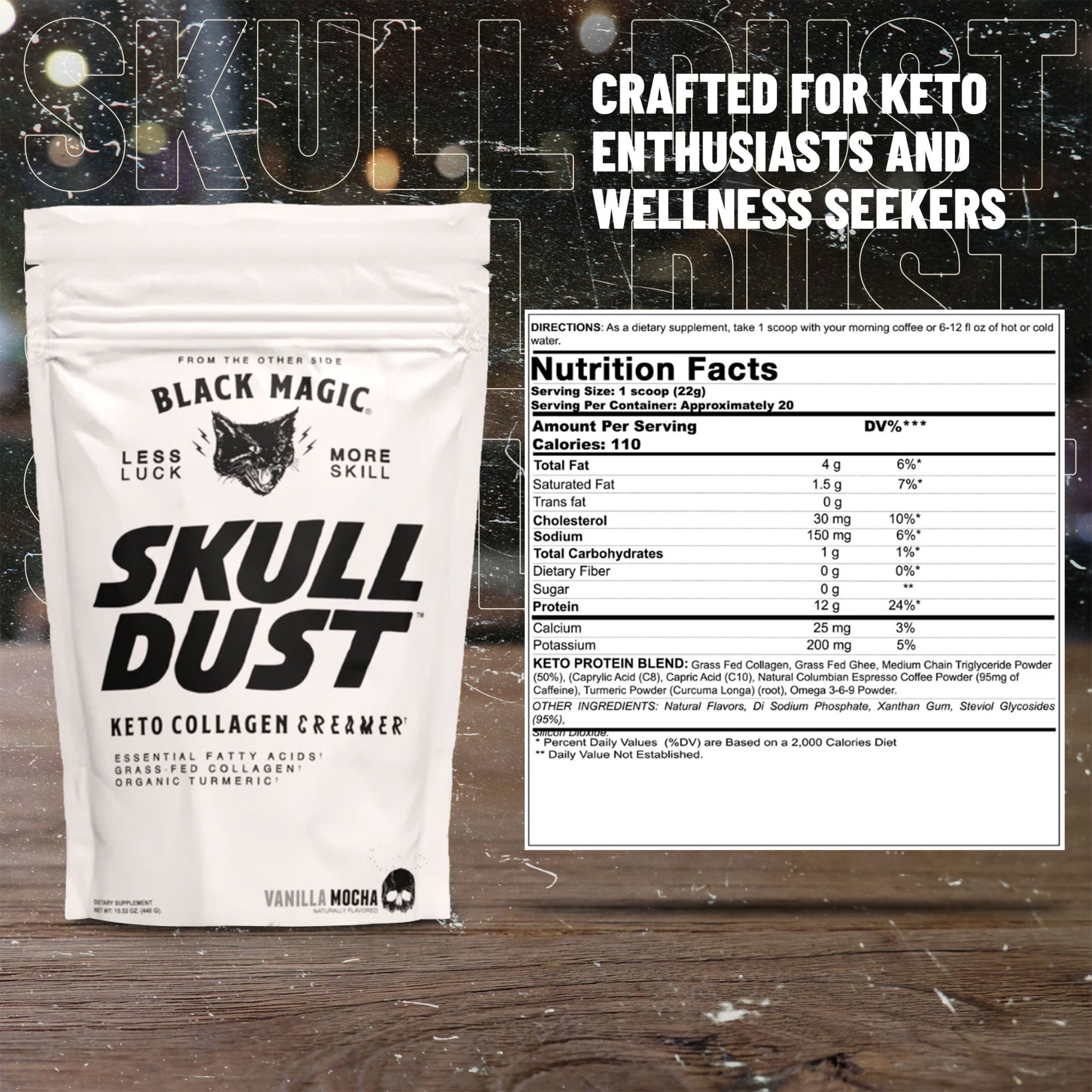 Black Magic Supply Skull Dust Keto Collagen Coffee Creamer - Vanilla Mocha - Organic Turmeric & Colombian Espresso - Keto Friendly 15.5 oz