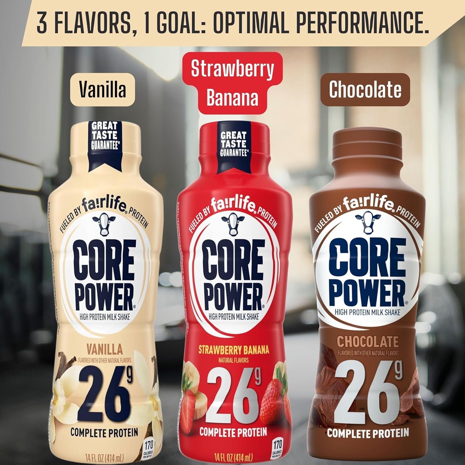 Fairlife Core Power 26g High Protein Milkshake in 3 Flavors (Strawberry Banana /Vanilla / Chocolate) - 12 Pack of 14oz - with Multi-Purpose Key Chain