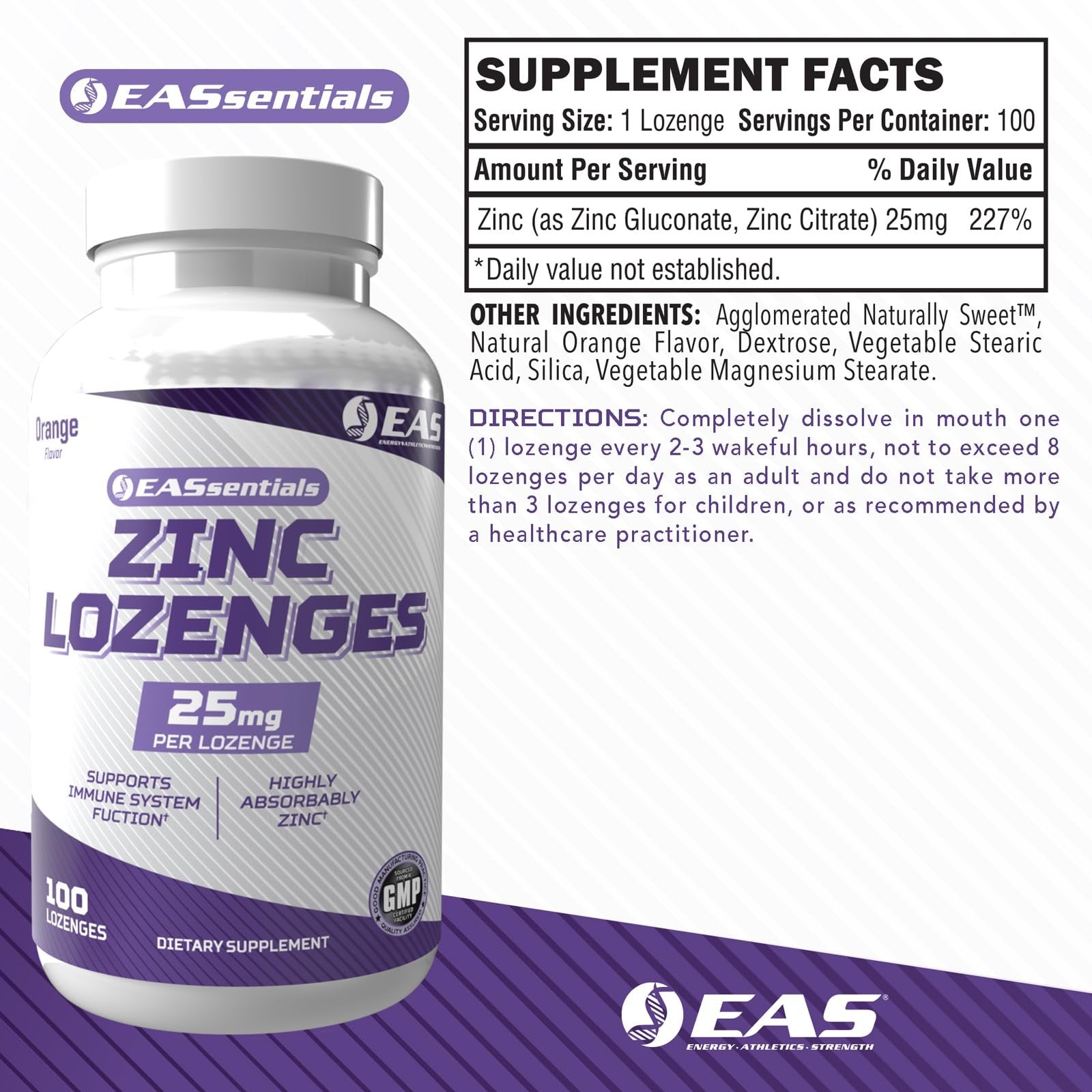 EAS Zinc Lozenges | Highly Absorbable with No Fillers or Additives | Supports Immune Function | Gluten Free, Non GMO | 100 Lozenges (Orange Flavor)