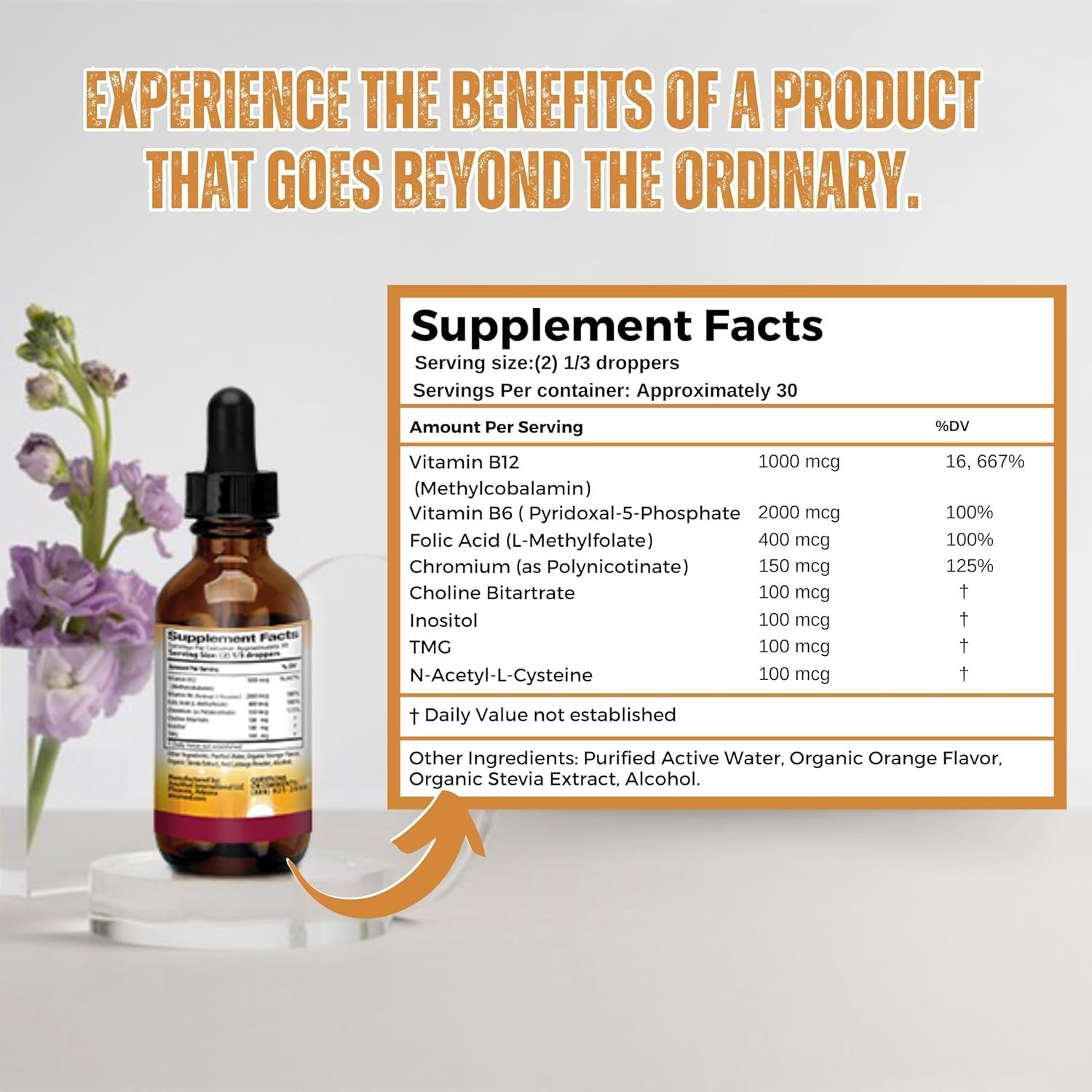 AnuMed International Lipotropic Complex Drops - Liver Detox - Metabolizes Fats - Supports Cellular Regeneration - Vit. B12, B6, Folic Acid - Orange Flavor - 2 oz