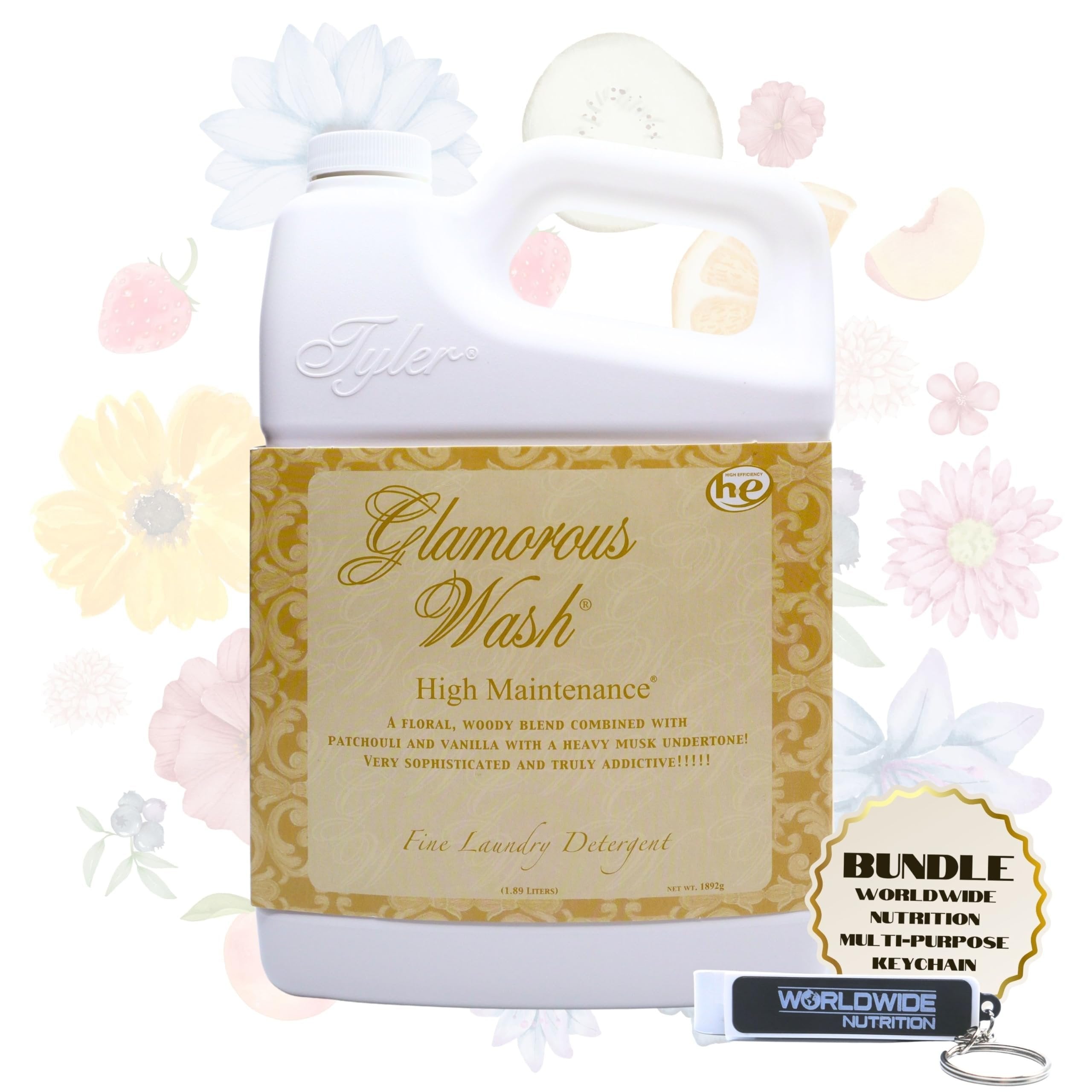 Tyler Candle Company Glamorous Wash High Maintenance Scent Fine Laundry Liquid Detergent - 1.89L (64 Fl Oz) Container and Worldwide Nutrition Multi-Purpose Key Chain