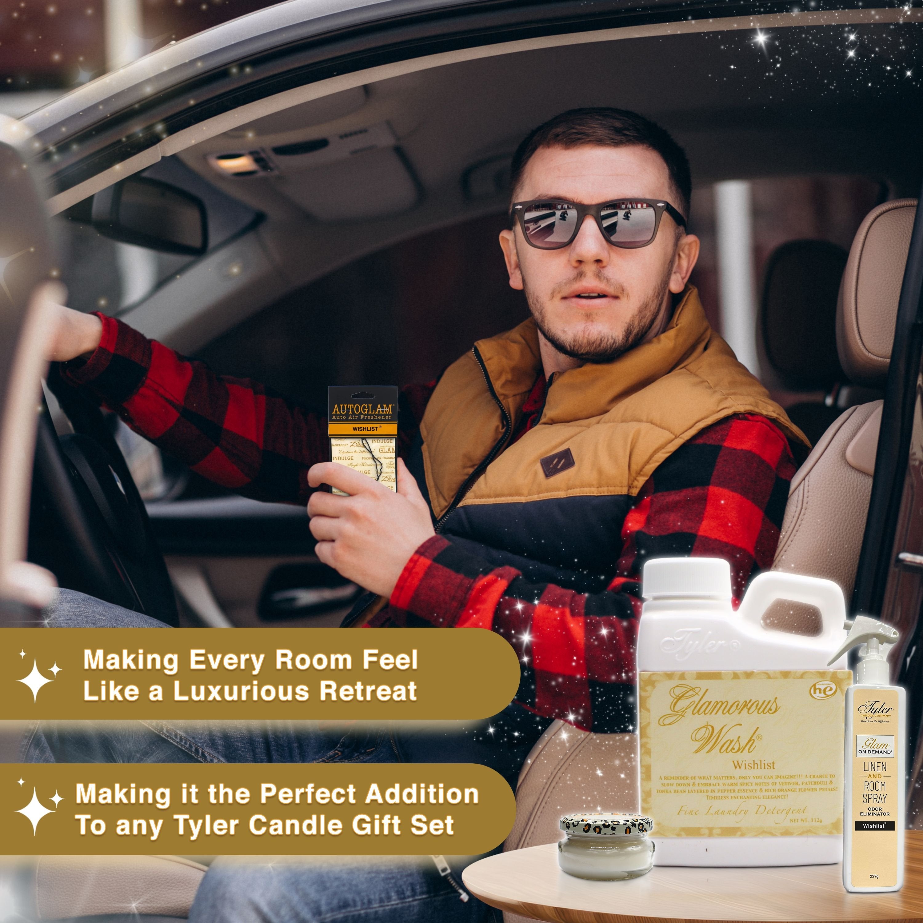 Tyler Candle Comapany Glamorous Gift Suite VI - Glam On Demand Linen and Room Spray Bottle, Prestige Candle, Glamorous Wash Laundry Detergent, Autoglam Auto Air Freshener & Keychain