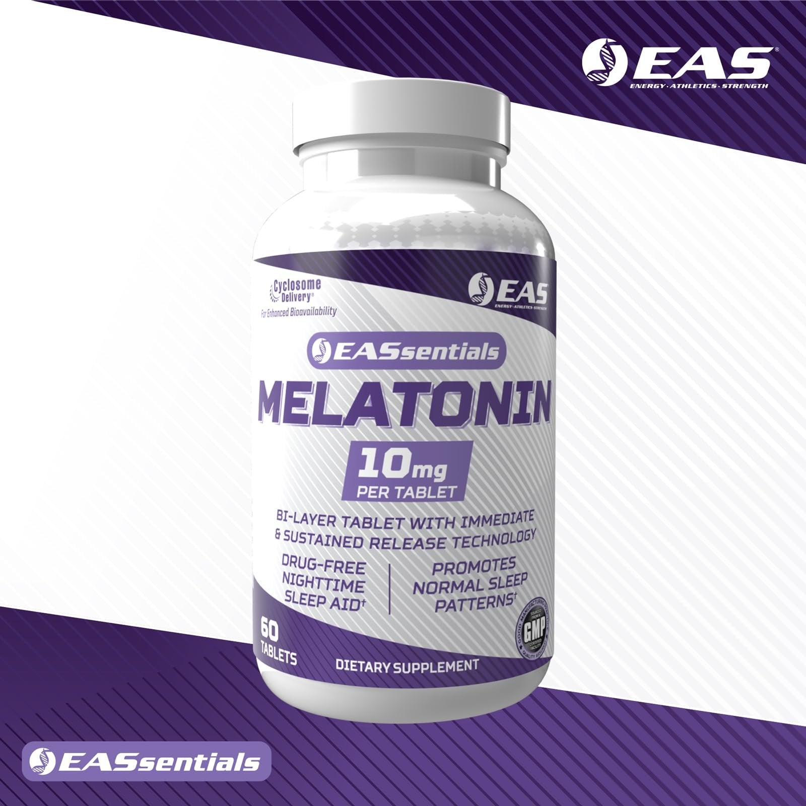 EAS Melatonin 10mg | Drug-Free Nighttime Sleep Aid | Immediate & Sustained Release Technology | Better Absorption with Cyclosome Delivery | 60 Tablets