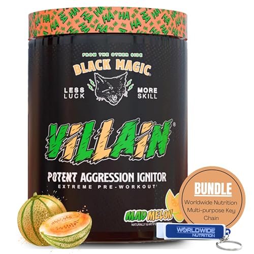 Black Magic Supply Mad Melon Villain Potent Aggression Ignitor - High-Stim Nootropic Pre Workout - Beta-Alanine, L-Tyrosine, & Caffeine - 25 Servings - 1 Pack of 11.71 oz with Multi-Purpose Keychain