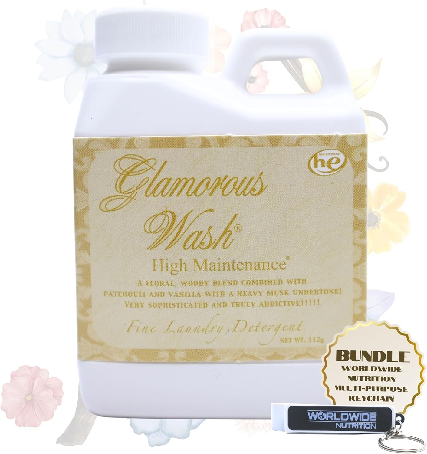 Tyler Candle Company Glamorous Wash High Maintenance Scent Fine Laundry Liquid Detergent - Hand and Machine Washable - 4 oz (112 grams) Container and Multi-Purpose Key Chain