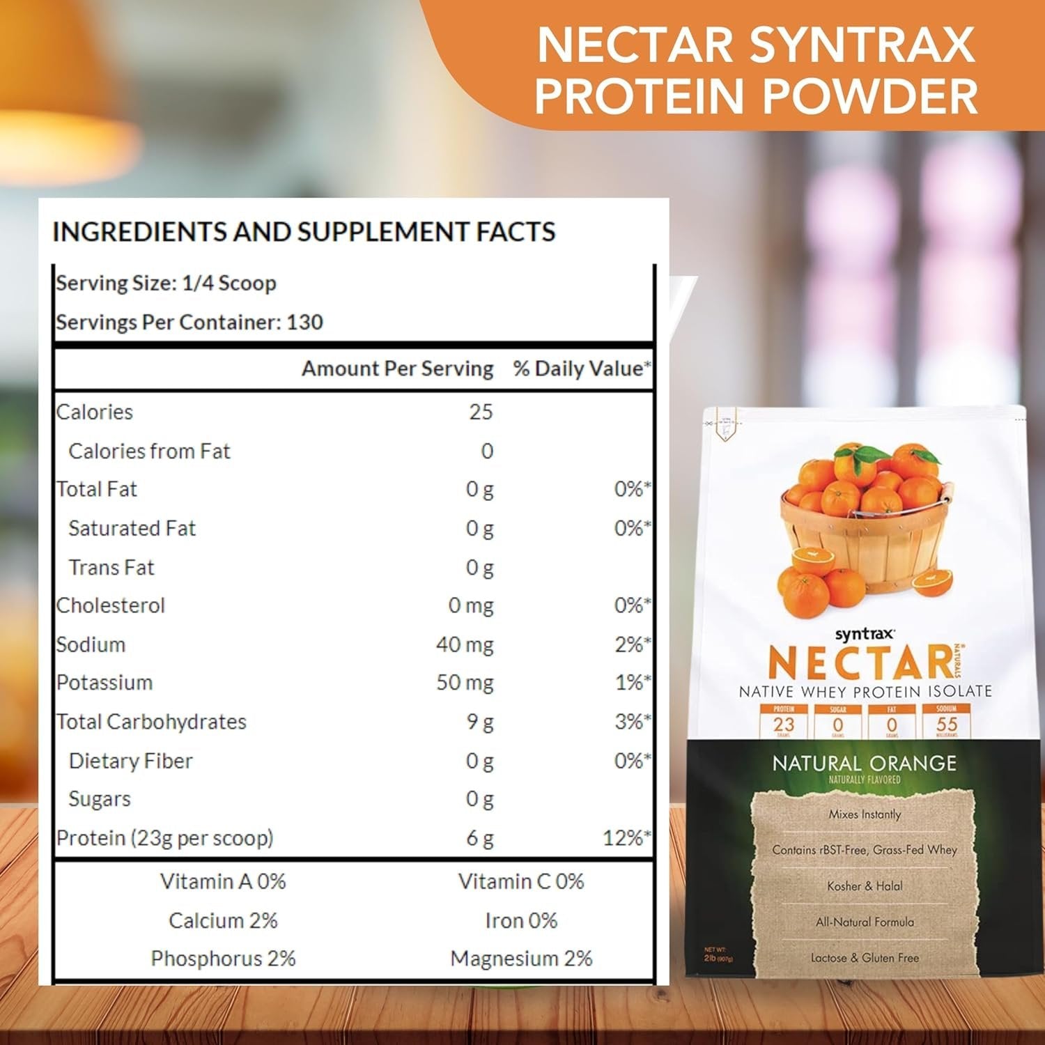 Natural Orange Syntrax Nectar Native Whey Protein Isolate (2lb Bag) Natural Vanilla - Muscle Support - with Multi-Purpose Keychain
