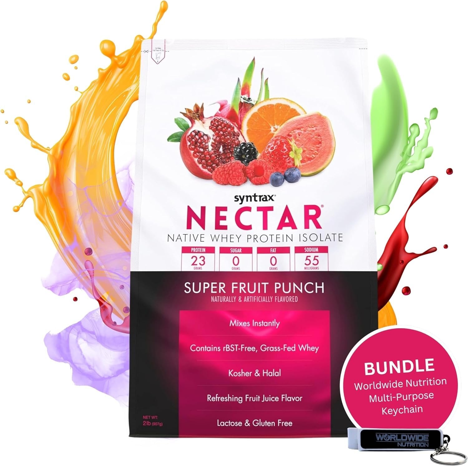Super Fruit Punch Syntrax Nectar Native Whey Protein Isolate (2lb Bag) Natural Vanilla - Muscle Support - with Multi-Purpose Keychain