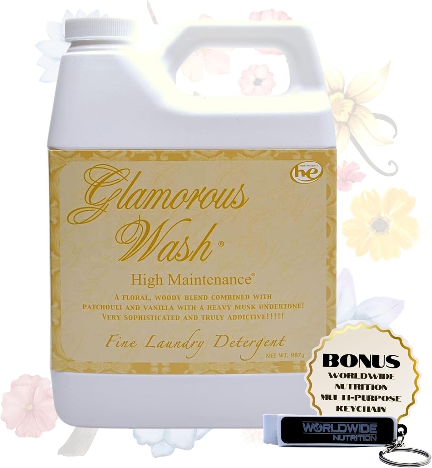 Tyler Candle Company Glamorous Wash High Maintenance Scent Fine Laundry Liquid Detergent - Phosphate-Free - Hand and Machine Washable - 1 Container of 907gram (32 Fl Oz) with Multi-Purpose Key Chain
