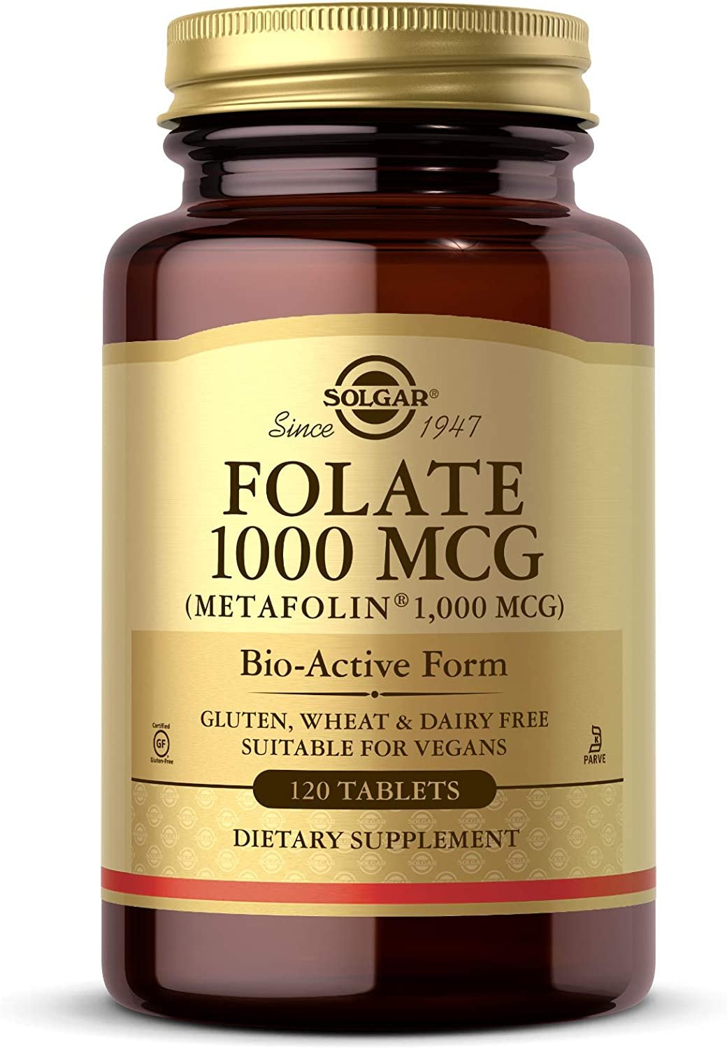 Solgar Folate 1000 mcg DFE, 120 Tablets - 1666 mcg Bio-Active Metafolin - Heart Health - Vegan, Gluten Free, Dairy Free, Kosher - 120 Servings