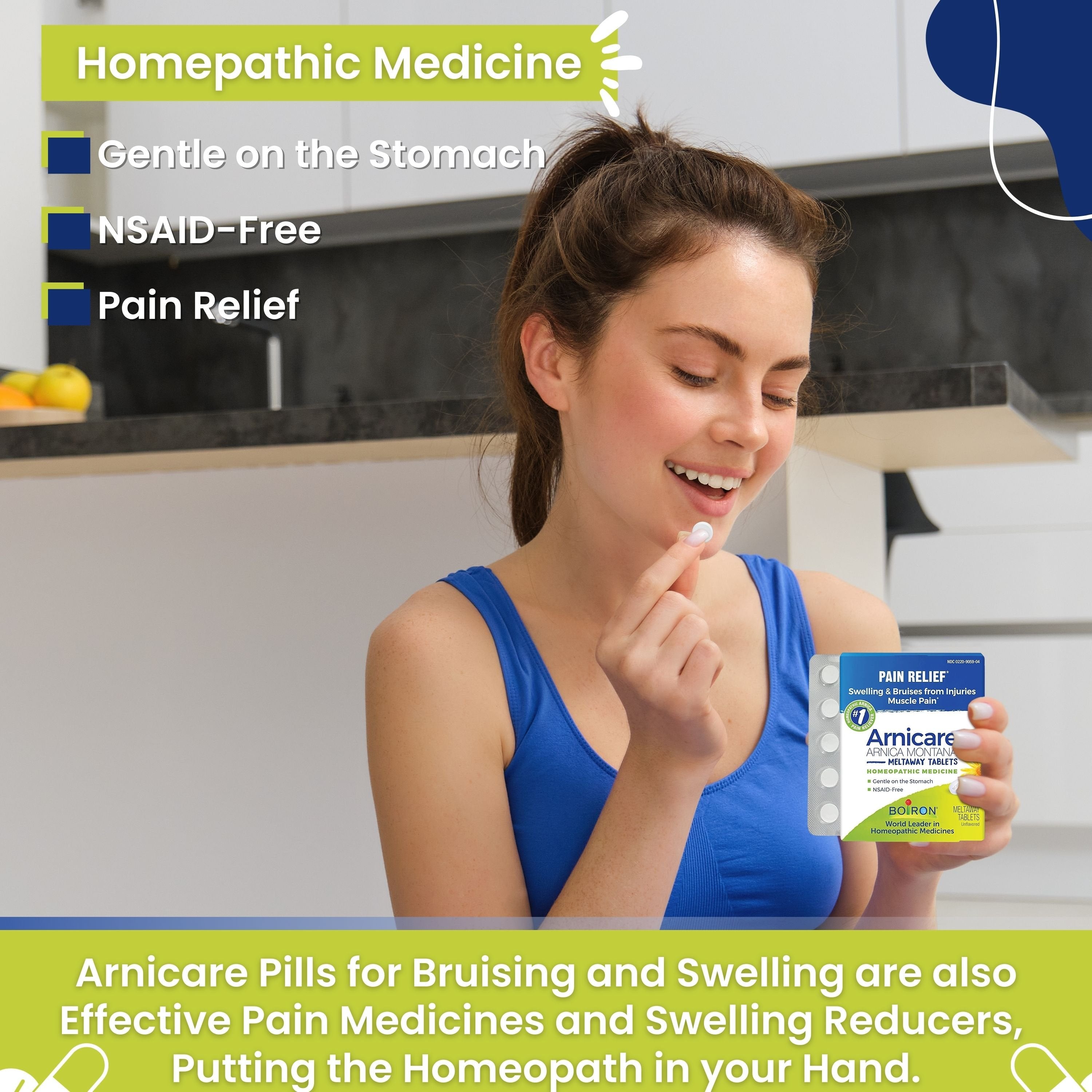 Boiron Arnicare Arnica Montana Meltaway Tablets - Swelling Reducer - Bruise Remedy - Muscle Pain Reliever - 60 Unflavored Tablets with Multi-Purpose Keychain