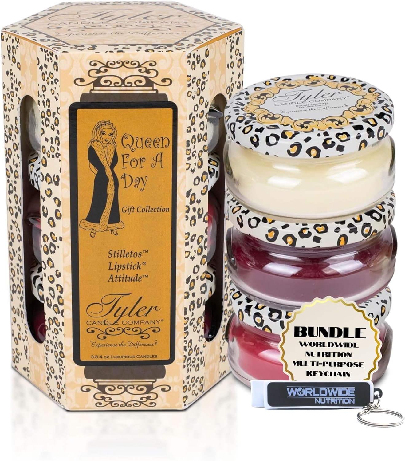 Tyler Candle Company Queen for a Day Scented Candles - Gift Collection - 3 Relaxing Soy Wax Candle Jar 3.4 oz Each and Multi-Purpose Key Chain