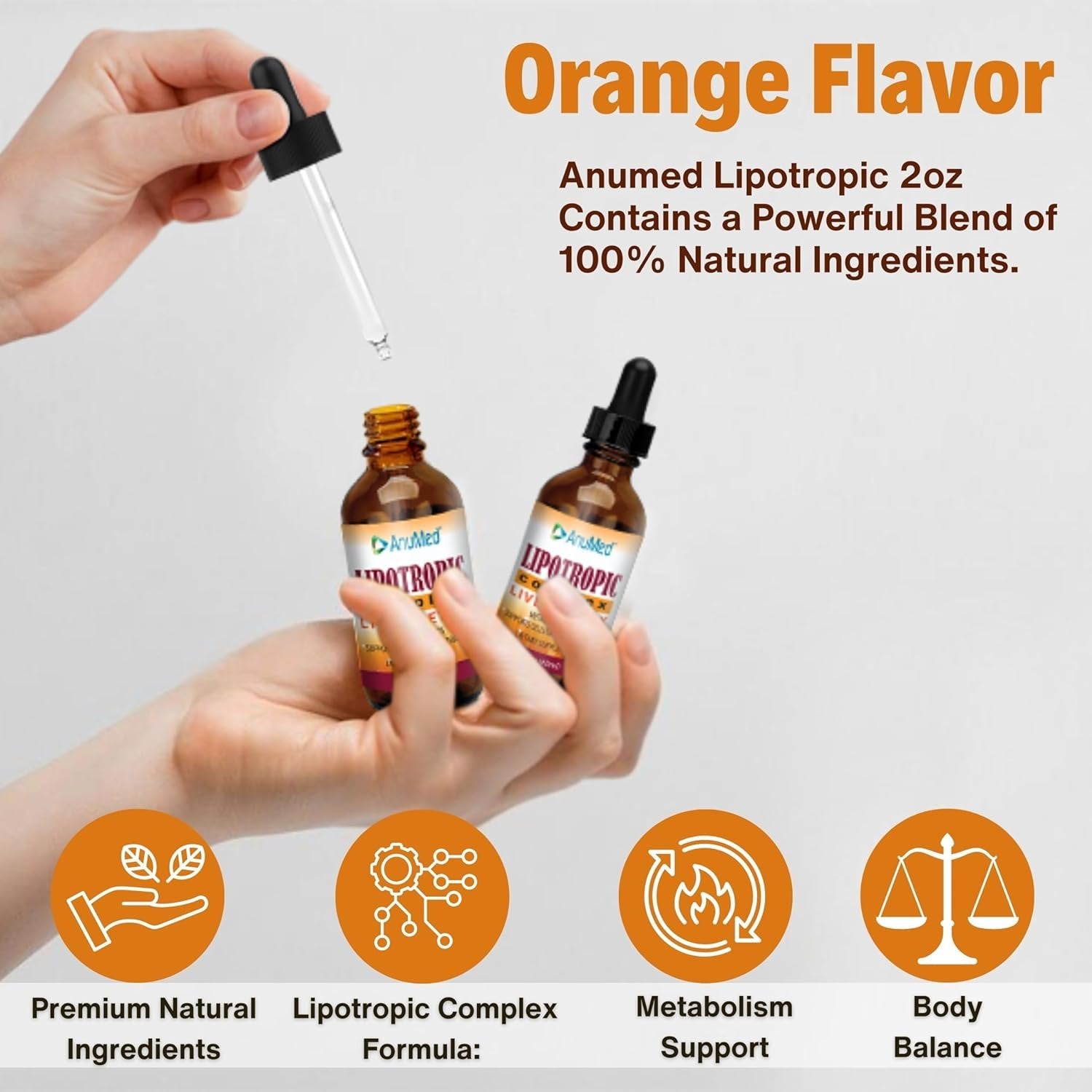 AnuMed International Lipotropic Complex Drops - Liver Detox - Metabolizes Fats - Supports Cellular Regeneration - Vit. B12, B6, Folic Acid - Orange Flavor - 2 oz