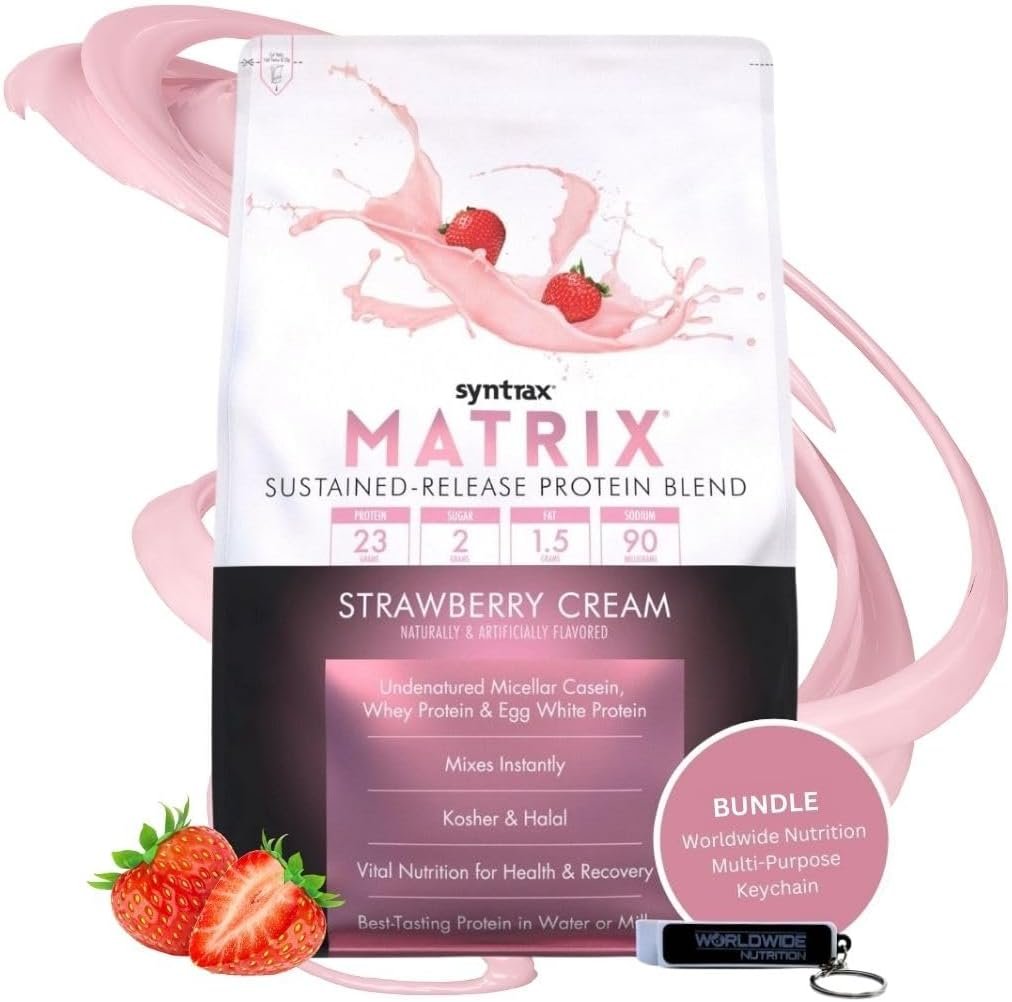 Syntrax Matrix - Sustained-Release Protein Powder Blend - Kosher & Halal - Muscle Support - Strawberry Cream - 5 lb - with Multi-Purpose Keychain
