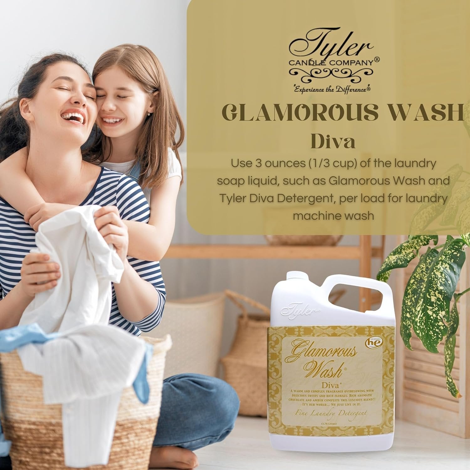 Tyler Candle Company Glamorous Wash Diva Fine Laundry Liquid Detergent - Hand and Machine Washable - 1 Gallon (3.78 L) - Pack of 1 with Multi-Purpose Keychain