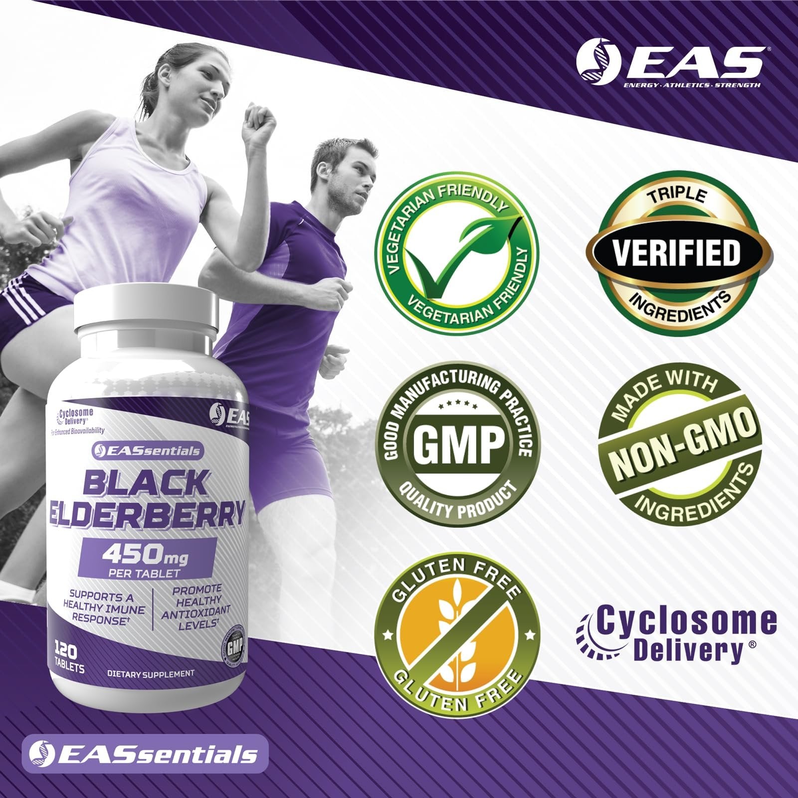 EAS Black Elderberry 450mg | Supports Healthy Immune Response | Gluten Free, Non GMO | Better Absorption with Cyclosome Delivery | 120 Tablets