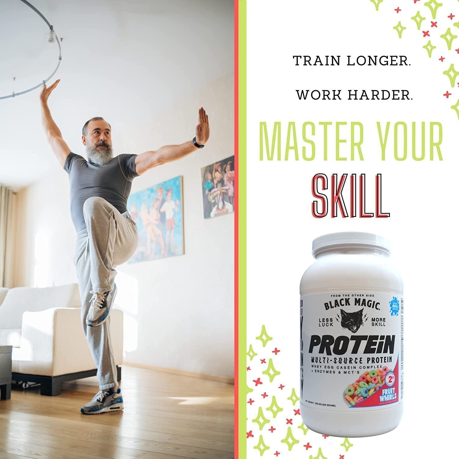 Black Magic Multi-Source Protein - Whey, Egg, and Casein Complex with Enzymes & MCT Powder - Pre Workout and Post Workout - Honey Grahms Protein Powder - 24g Protein - 2 LB with Bonus Key Chain