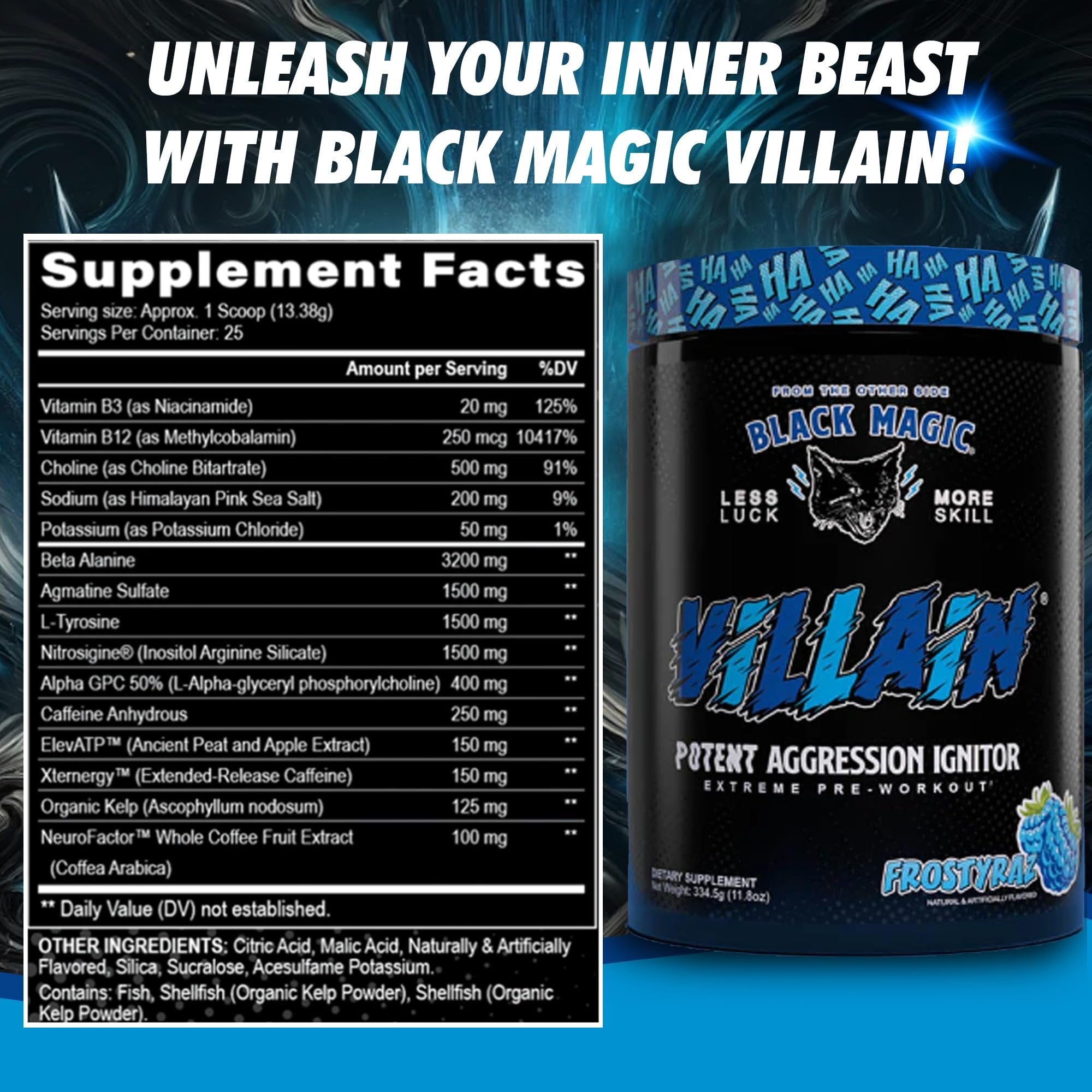 Black Magic Supply Froztyraz Villian, 11.8 oz - High-Stim Nootropic Pre-Workout - Beta-Alanine, L-Tyrosine, & Caffeine - Pack of 1 with Keychain