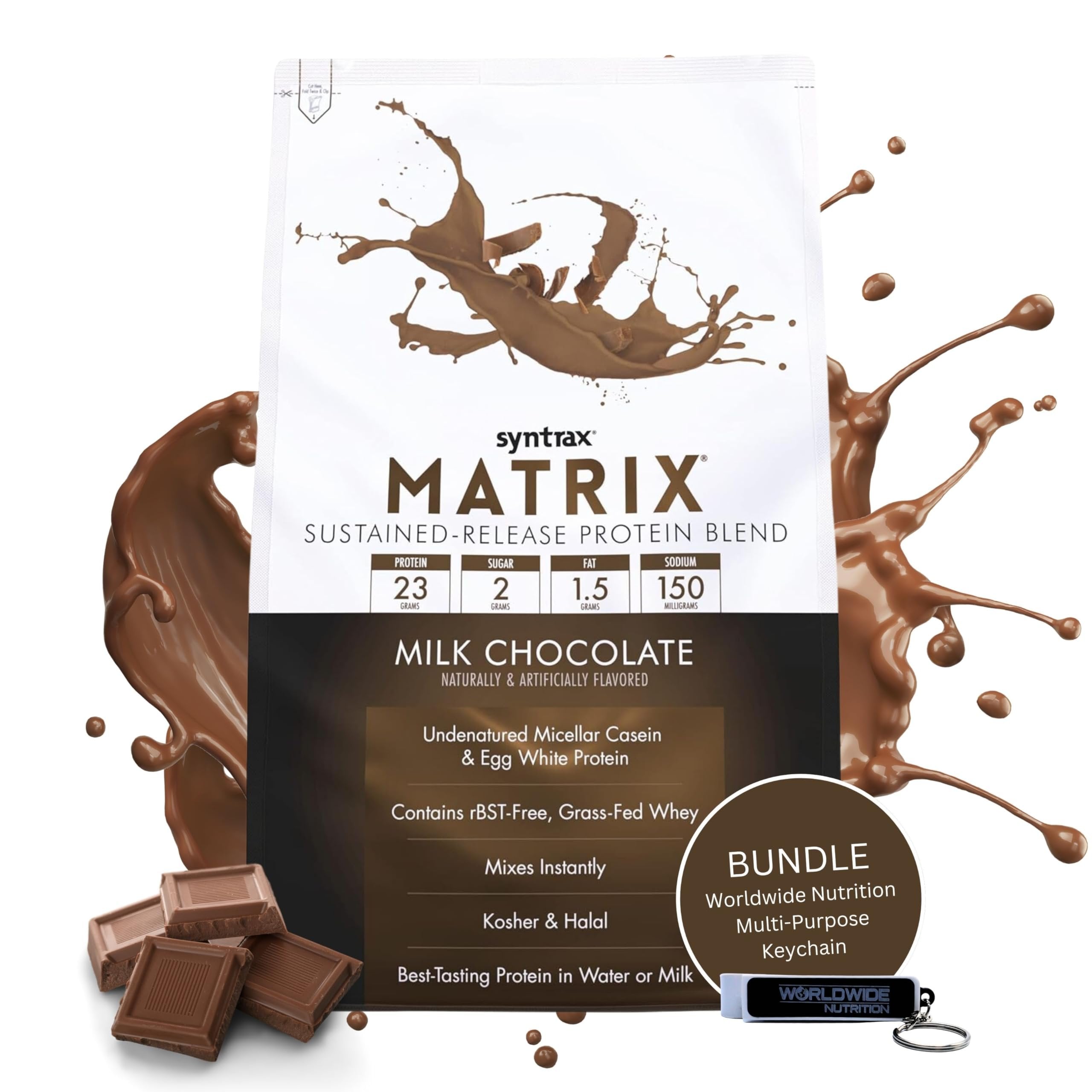 Syntrax Matrix Milk Chocolate Whey Casein Blend Protein Powder - Instant Mix High Protein Powder 2lb Kosher and Halal Whey Protein with Worldwide Nutrition Keychain