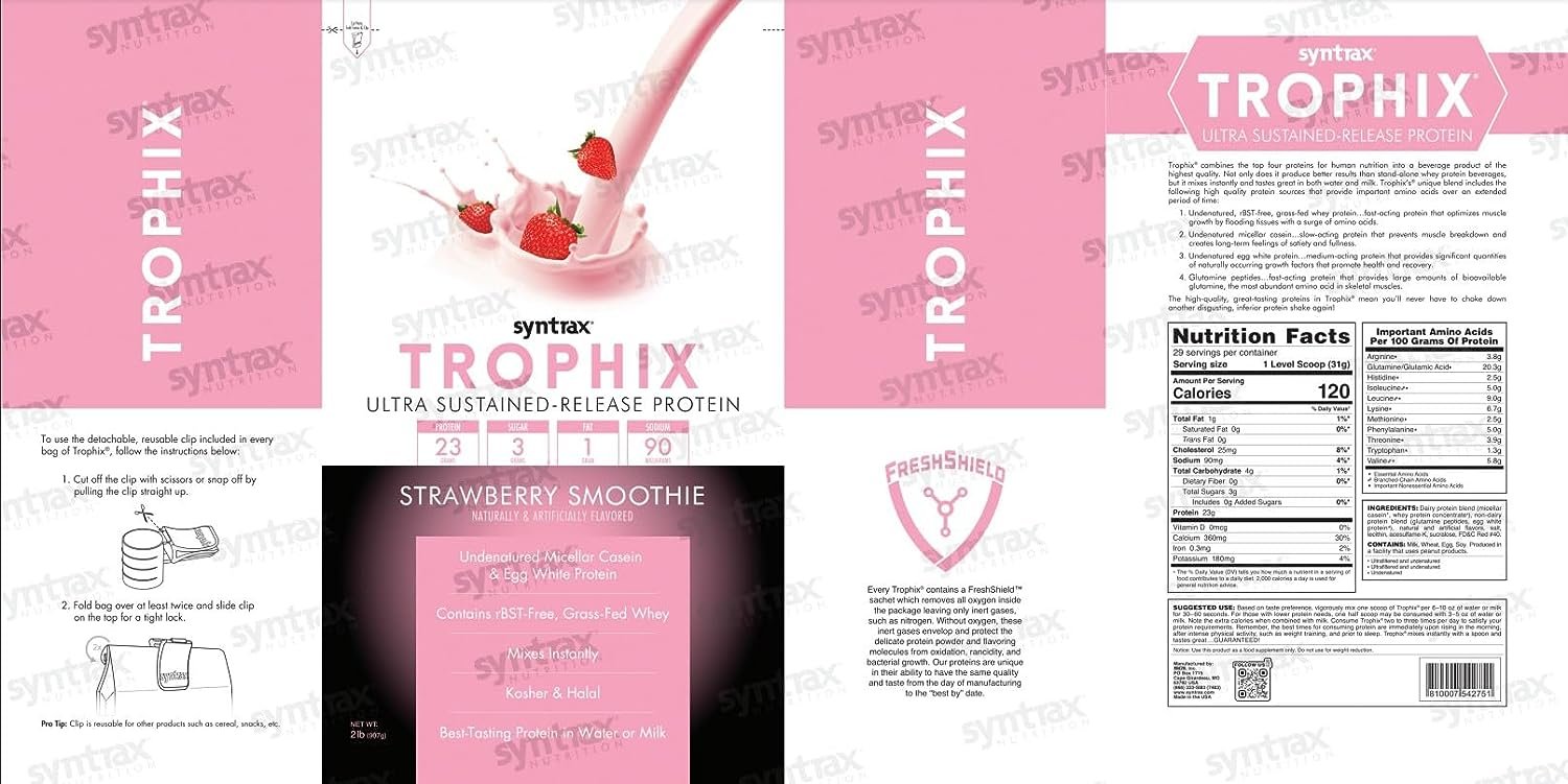 Syntrax Trophix - Ultra Sustained-Release Protein Powder - Undernatured Micellar Casein & Egg White Protein, Kosher & Halal - Strawberry Smoothie - 2lb