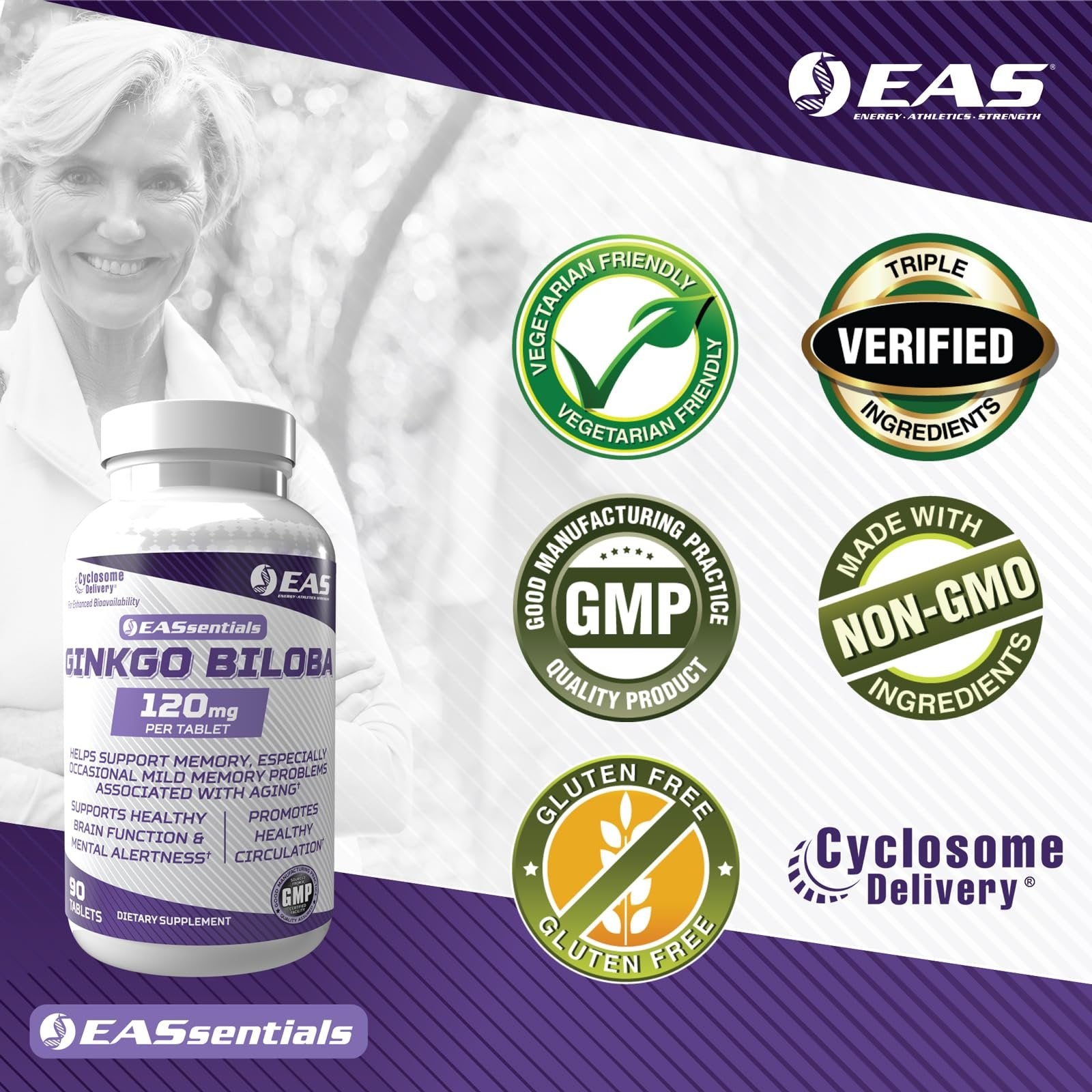 EAS Ginkgo Biloba 120mg | Supports Brain Function & Memory | High Levels of Flavonoids & Terpenoids | Better Absorption with Cyclosome Delivery | 90 Tablets