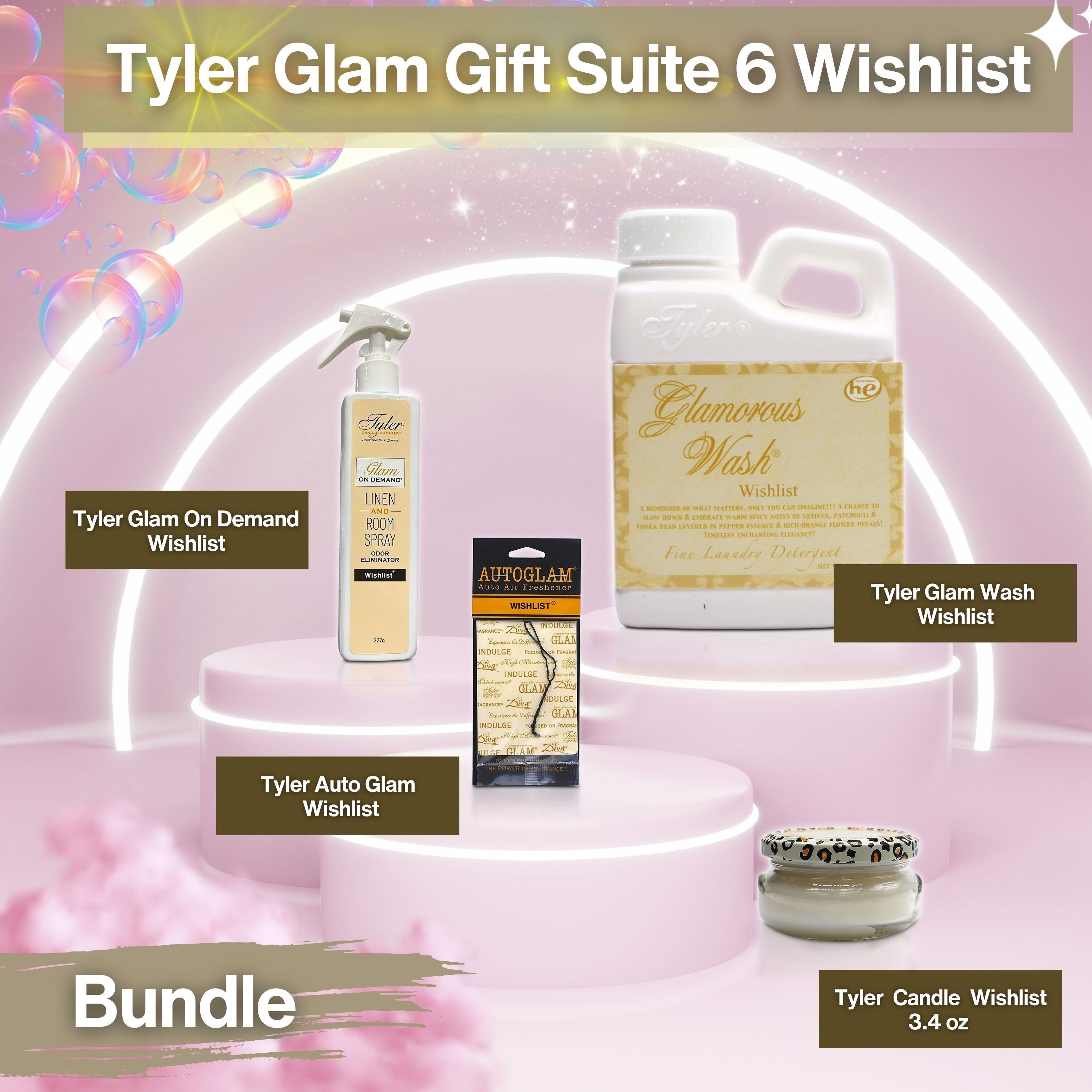 Tyler Candle Comapany Glamorous Gift Suite VI - Glam On Demand Linen and Room Spray Bottle, Prestige Candle, Glamorous Wash Laundry Detergent, Autoglam Auto Air Freshener & Keychain