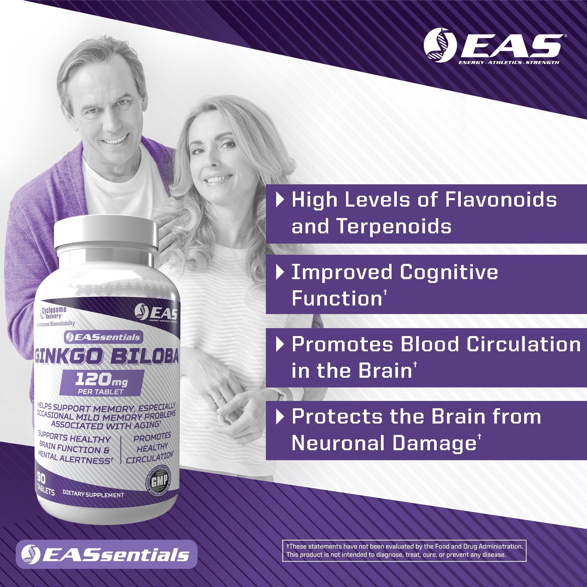 EAS Ginkgo Biloba 120mg | Supports Brain Function & Memory | High Levels of Flavonoids & Terpenoids | Better Absorption with Cyclosome Delivery | 90 Tablets